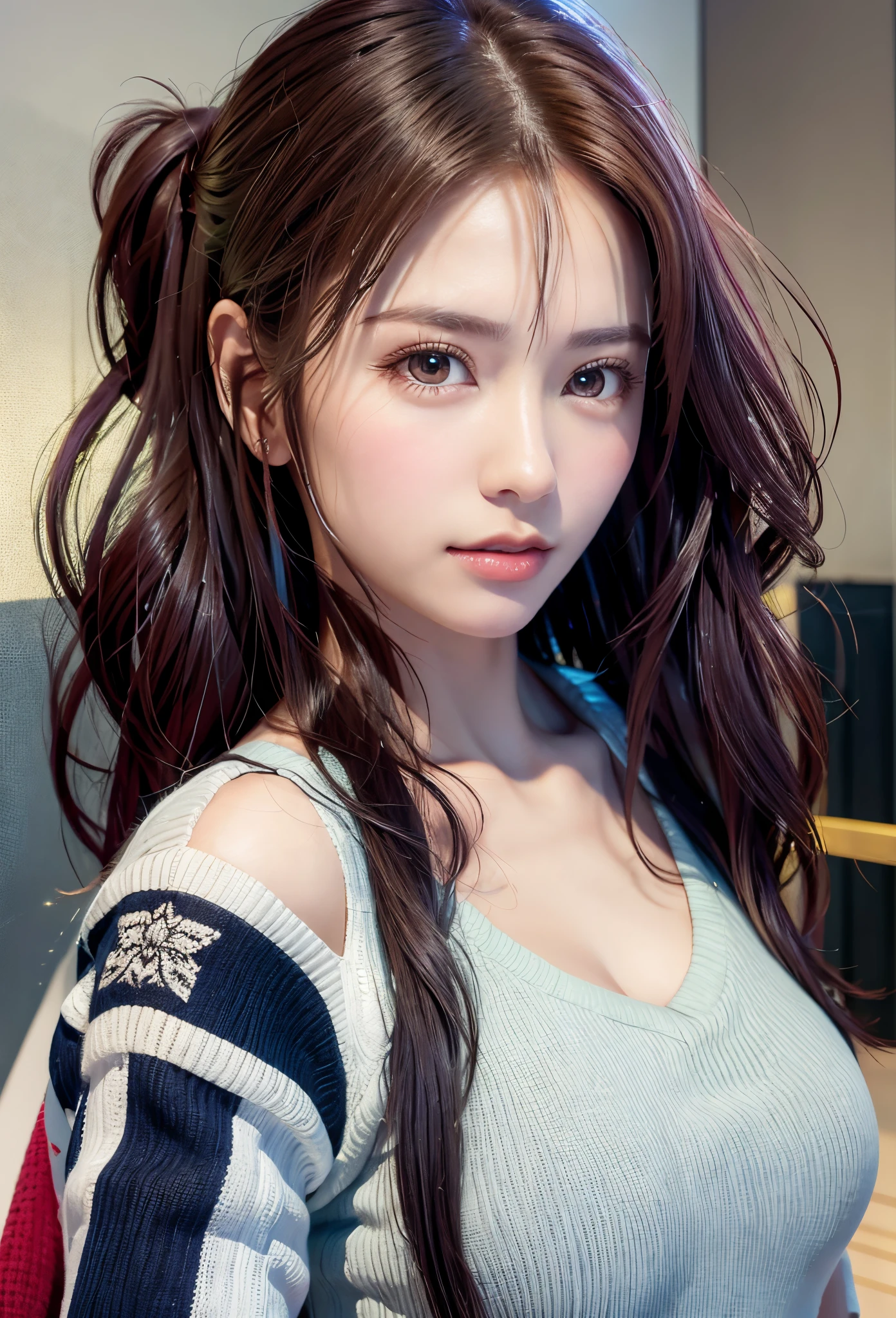8K, of the highest quality, masutepiece:1.2), (Realistic, Photorealsitic:1.37), of the highest quality, masutepiece, Beautiful young woman, Pensive expression,、A charming、and an inviting look, Oversized knitwear、Hair tied back, Cinematic background, Light skin tone