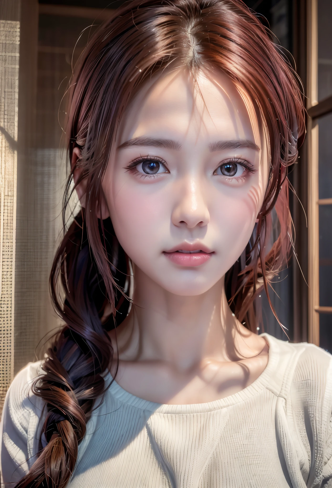 8K, of the highest quality, masutepiece:1.2), (Realistic, Photorealsitic:1.37), of the highest quality, masutepiece, Beautiful young woman, Pensive expression,、A charming、and an inviting look, Oversized knitwear、Hair tied back, Cinematic background, Light skin tone