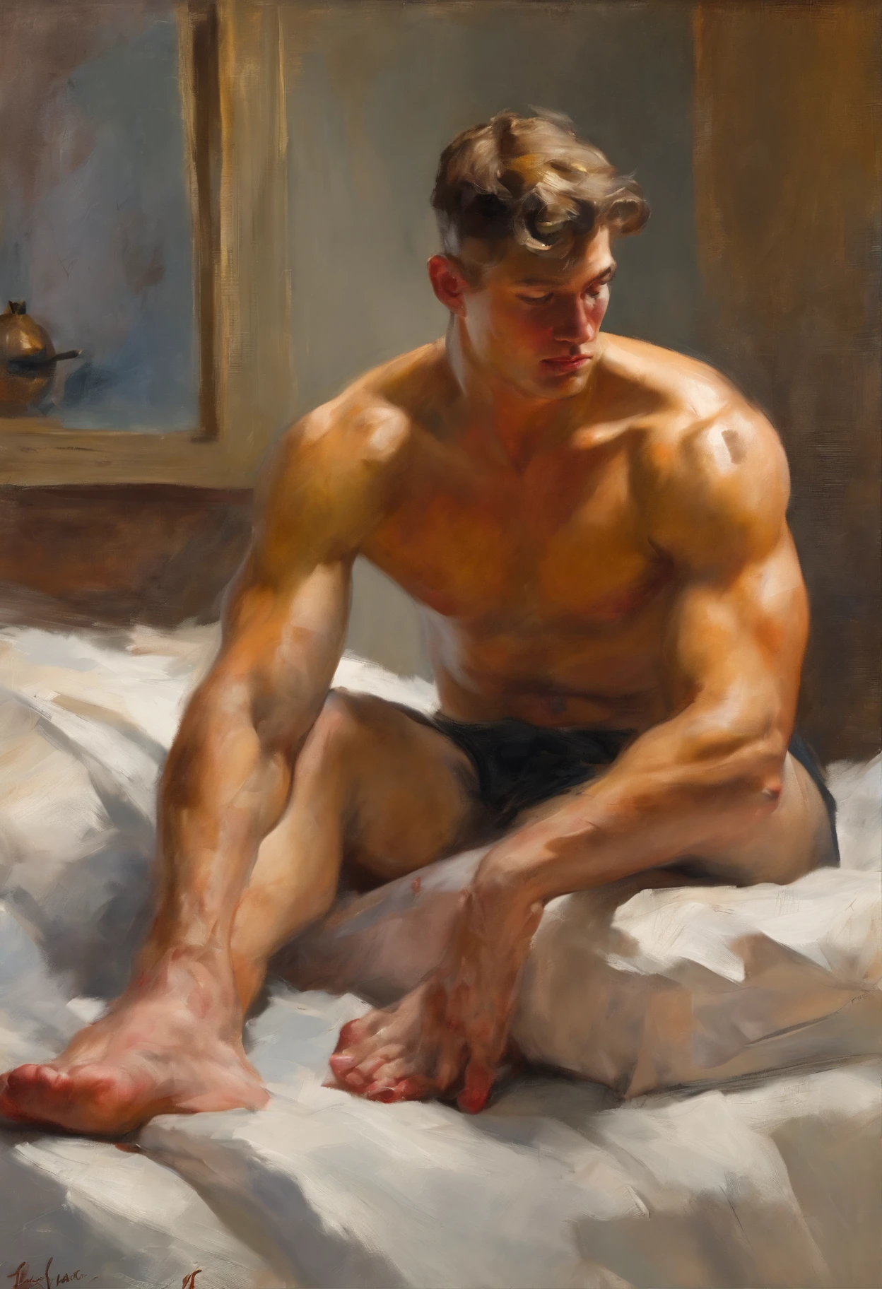 sketch, 20 yo, male figure study, young muscle-bound bodybuilder jock with huge, lying in bed fully naked, full stocky body, completely naked, totally, sans clothing, au natural, bare butt, crowded gym shower with spraying showers and showering men in background, pastels, by harry bush, James Montgomery Flagg and Lois van Baarle and jim french and rossdraws, detailed realistic eyes, big bare feet, very handsome, beautiful