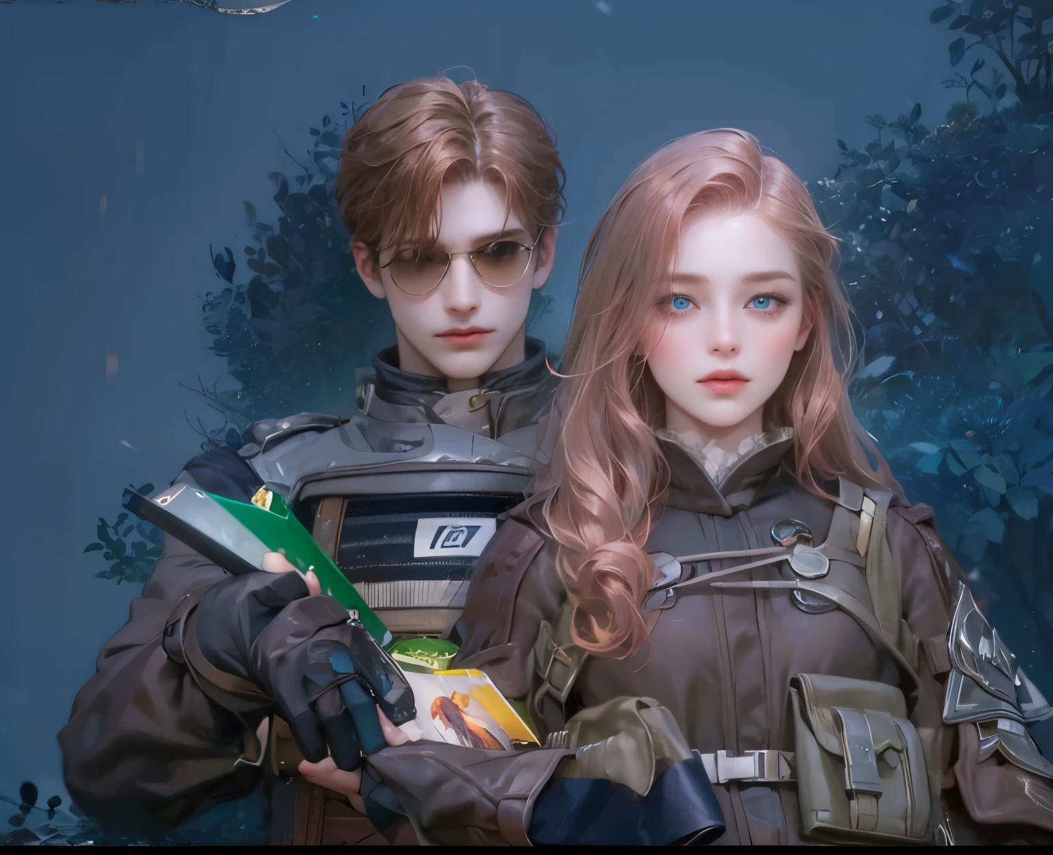 Couple, 1 girl 1 boy, different hair color, long redhead wavy hair and blue eyes, brown undercut hair and yellow eyes, romance, romantic, height different, fantasy, detailed eyeackground
