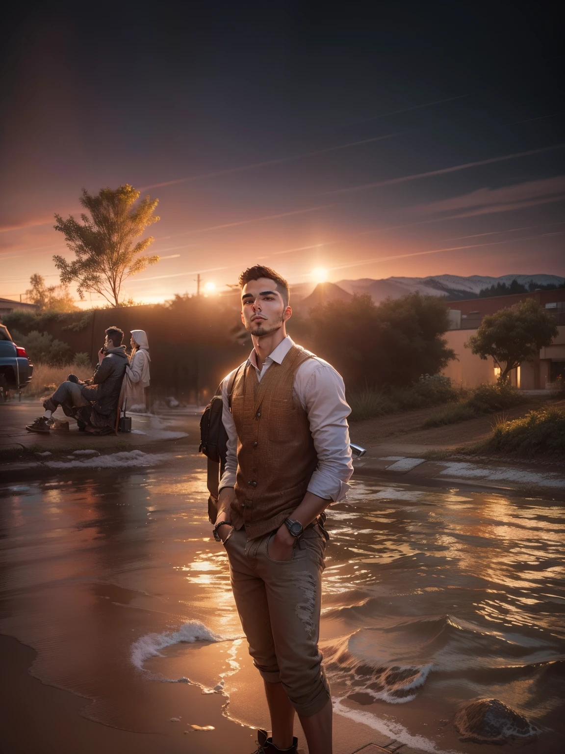 RAW photo, a young man sitting by a street at night, (high detailed skin:1.2), 8k uhd, dslr, soft lighting, high quality