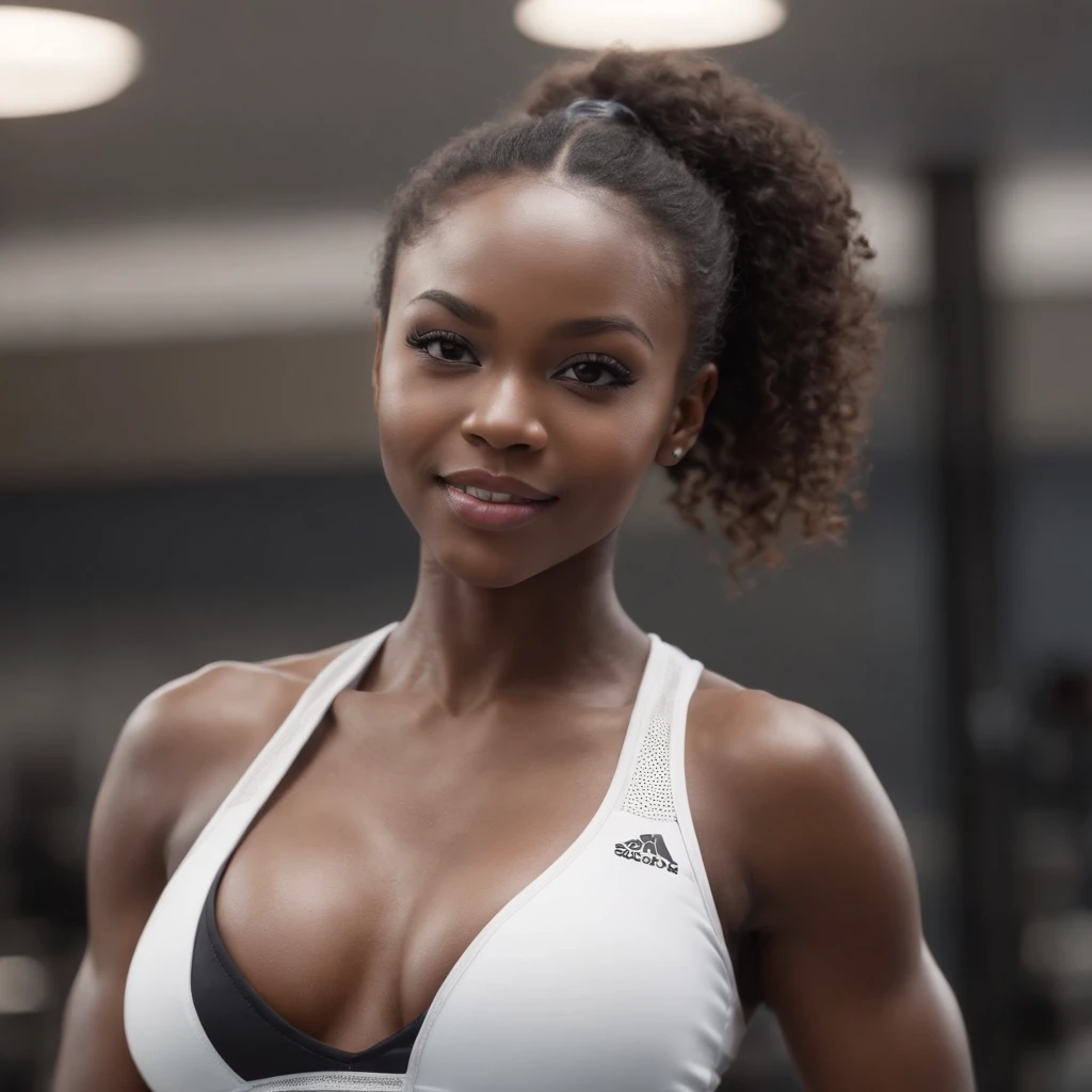 ((Dark African skin, Very deep ebony skin)), ((Its beauty  undeniable)), ((Excited cute face)), ((Hyper detailed perfect eyes,)), ((pose mignonne)), ((Langue sortie)), ((Seductive )), sexy, (( tight sport clothes)), ((Afro ponytail with long African curly hair,)), (( peau)), ((debout, vue de face)), ((toucher ses propres jambes dans une pose sexy)), ((gym, sportschool)), Sharp Focus CGI, photoreallistic, High detail, Realstic, Masterpiece, absurdes, Best quality, Hdr, High quality, high-definition, Extremely detailed, 8k wallpaper, Intricate details, 8K UHD, Full-HD, (photo realist:1.2), contraste, intense illumination, lighting cinematic, natural lighting, veilleuse, Nuit, Illumination globale, Ambient occlusion at the gym, a la piscine African women、Female sexy、focused 、, in action, Micro sport clothes in the gym、sodden、She's wet, black and white image