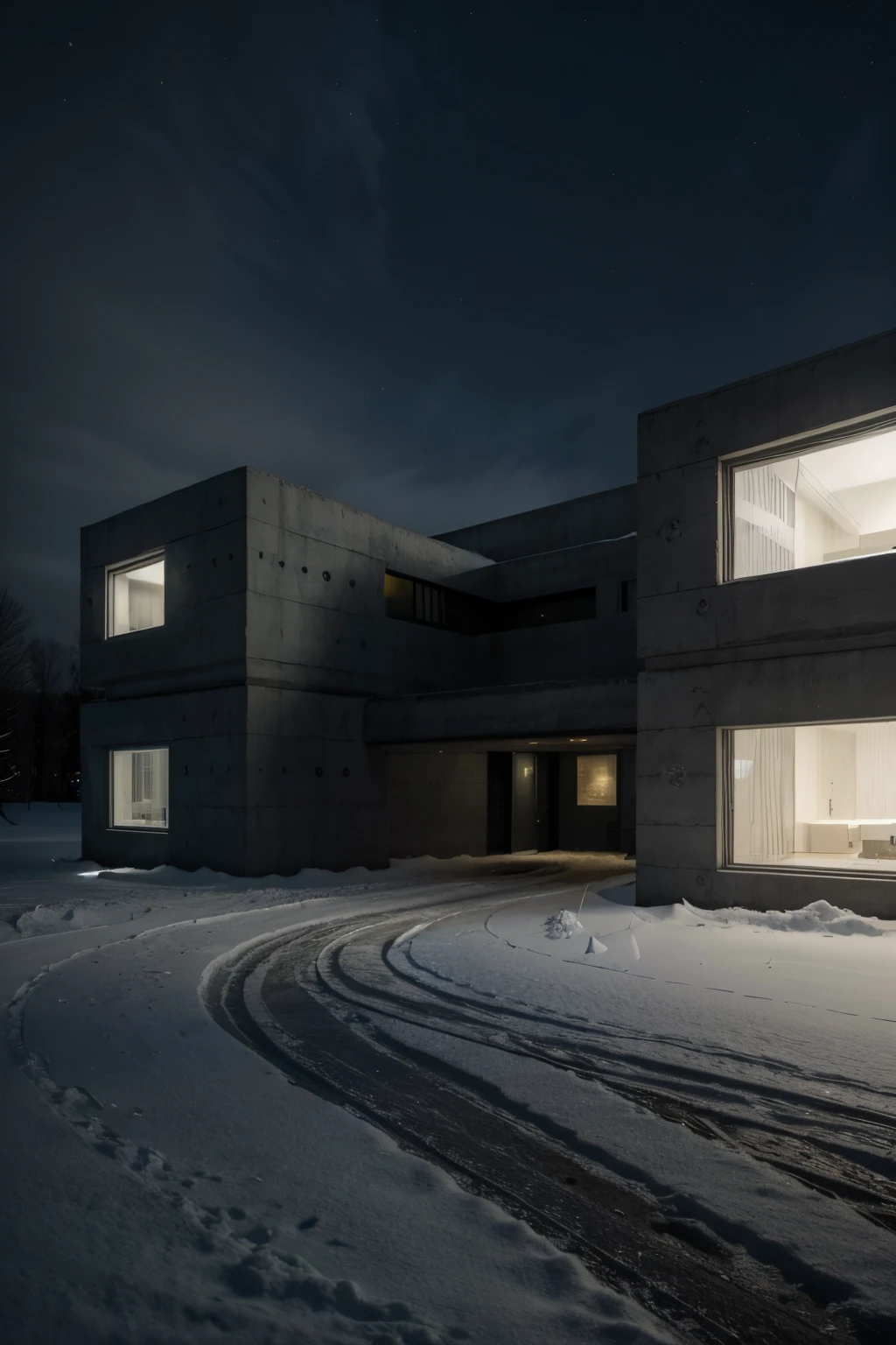 Photo of a brutalist building featuring cylindrical elements, illuminated against a snowy night landscape... The building's raw concrete facade incorporates cylindrical protrusions, creating a captivating play of shapes against the white snow... Soft, diffused light emanates from the cylindrical elements, casting gentle shadows on the snow-covered ground and adding a sense of mystery to the scene... The cold, serene atmosphere of the snowy night enhances the boldness of the brutalist design... In the foreground, a winding path in the snow leads to the entrance, inviting exploration into the unique and enigmatic structure... --ar 16:9 --c 3 --q 5 --s 1000