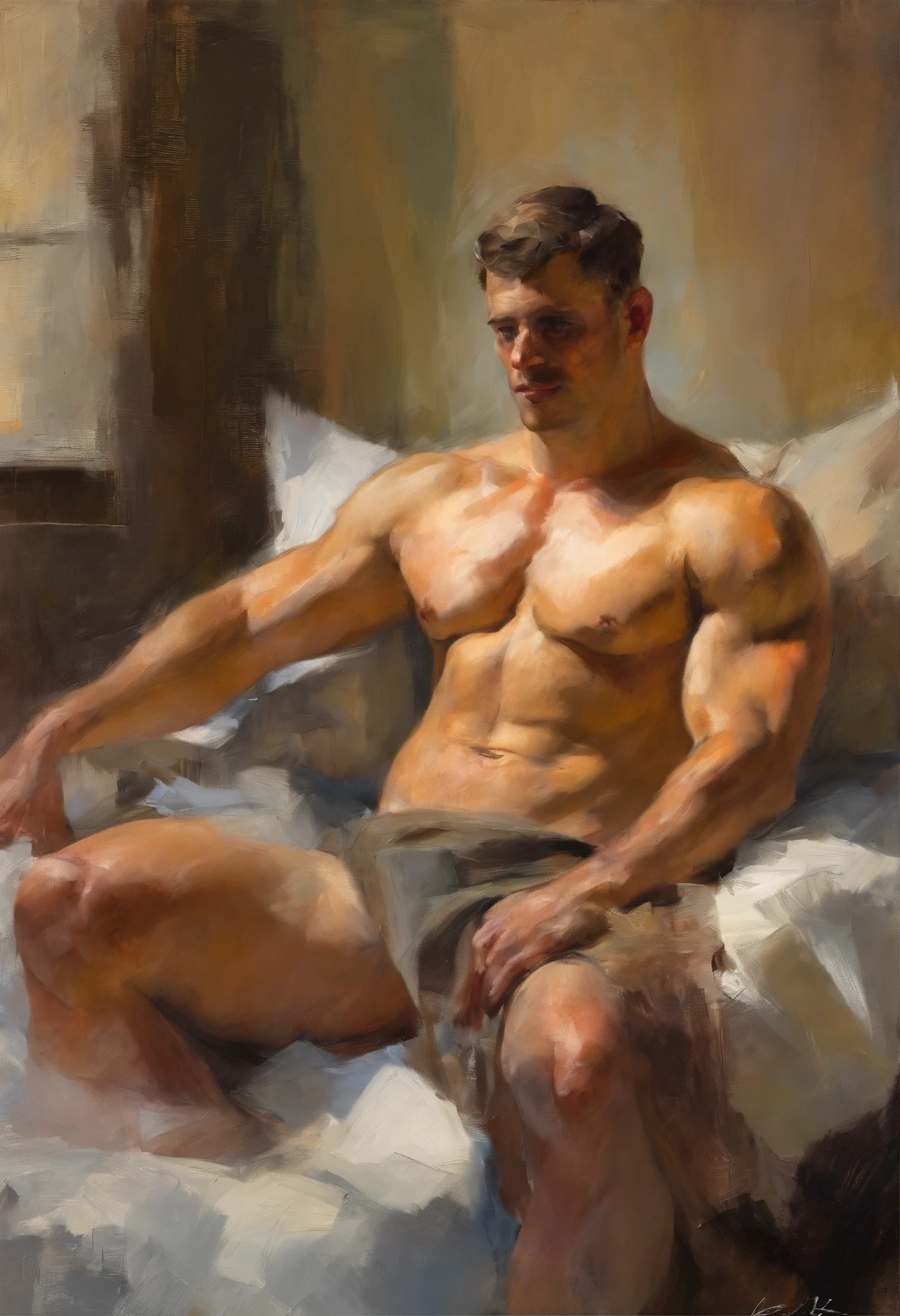 sketch, male figure study, greek muscle-bound bodybuilder jock with huge penis, lying in bed fully naked with his ass showing, full stocky body, completely naked, totally, sans clothing, au natural, bare butt, pastels, by harry bush, James Montgomery Flagg and Lois van Baarle and jim french and rossdraws, detailed realistic eyes, big bare feet, very handsome, beautiful