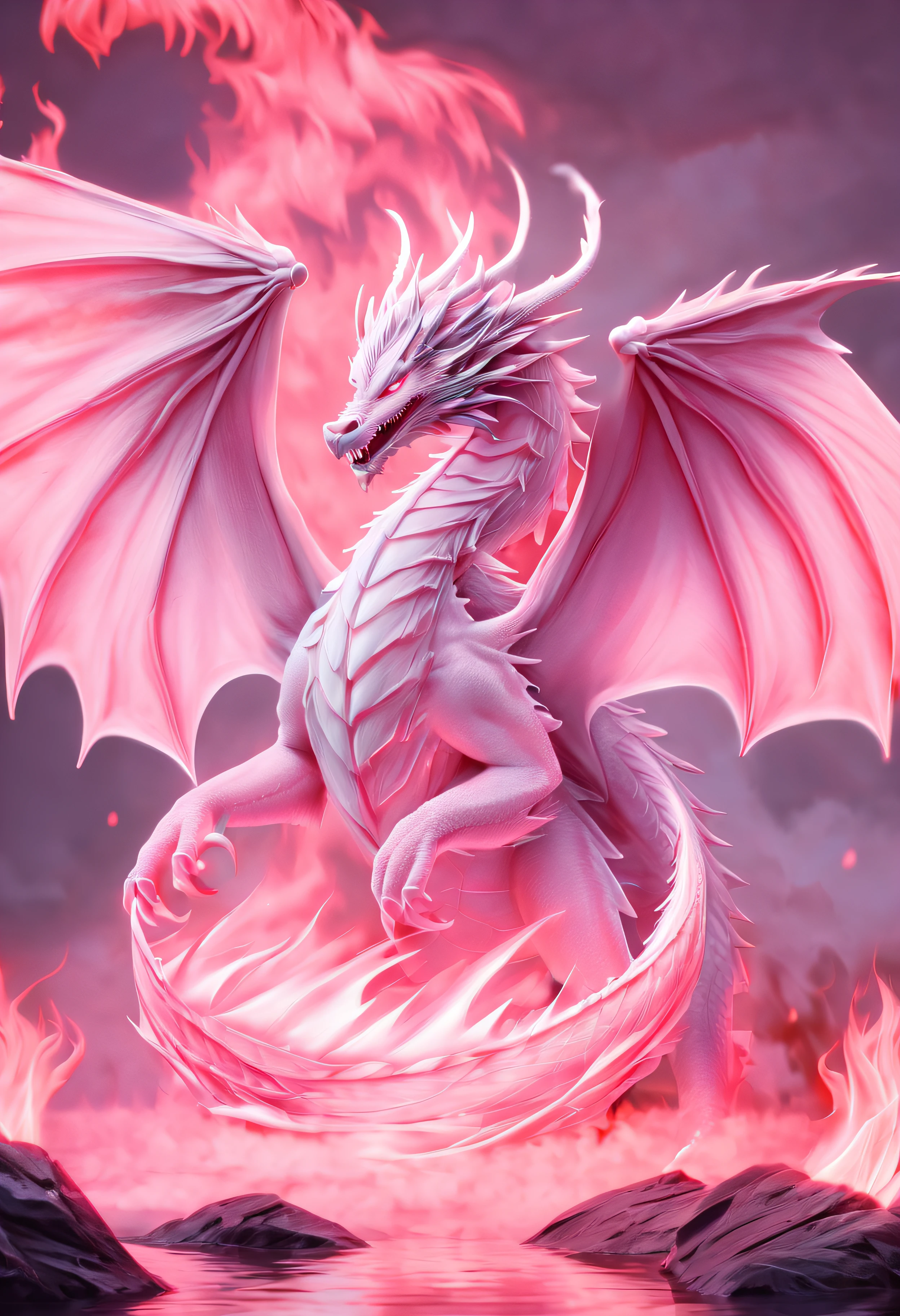 White dragons .Chamas na cor rosa emanando de sua boca.foco corpo inteiro abre as asas,voador