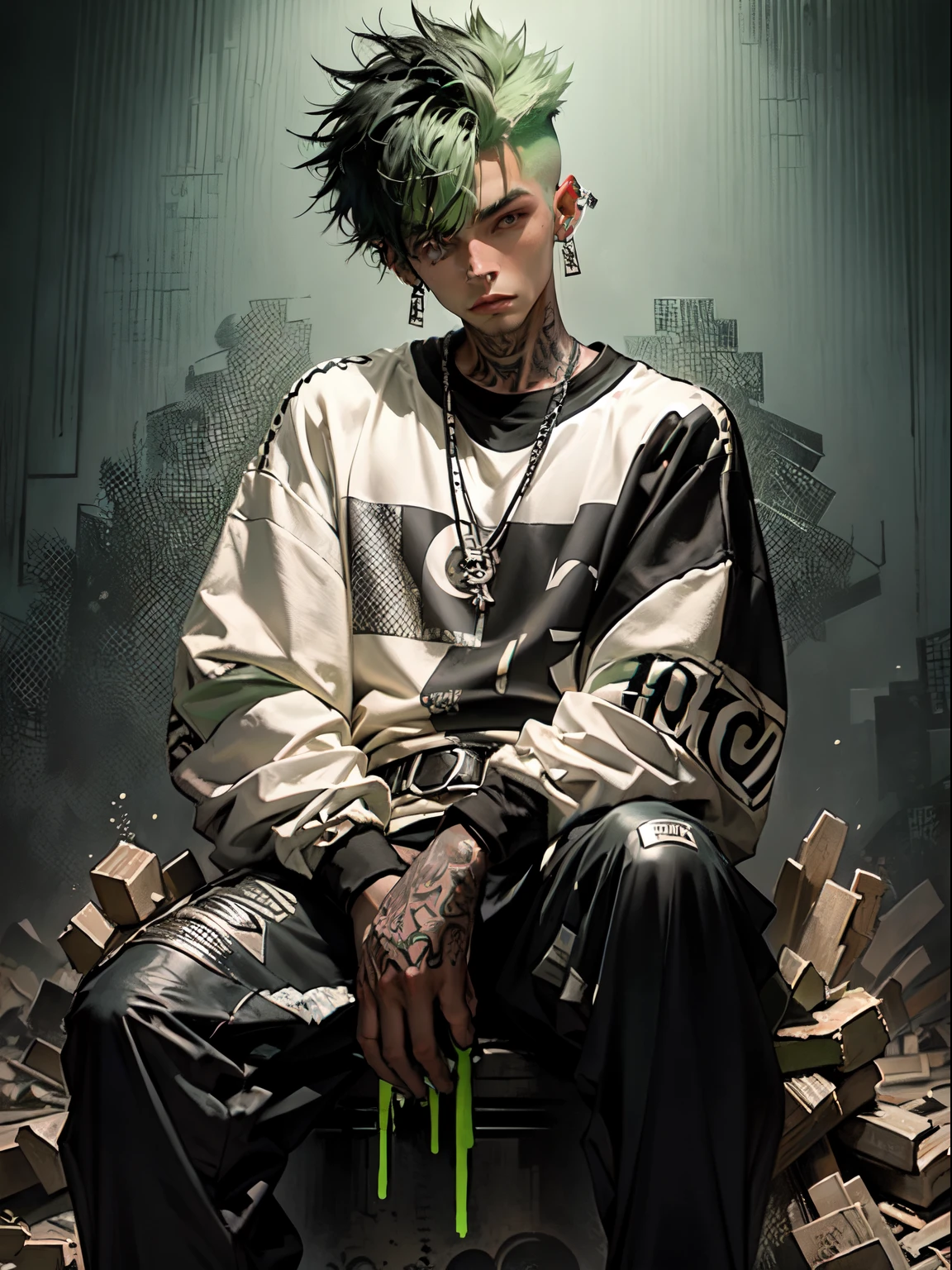 Kpop boy with fade cut dark lime green hair with with (frosted white tips top hair), cute face, irresistible, sit pose, poser, serious face, full half body show, tattoos, wears cool black mixed green open jacket with long big sized shirt, long black pants with belt, paint background, popstar, has messy lime green hair, and a green one-suit with a diamond. He has a normal Putt Putt Troll appearance overall, as most of them resemble his appearance with exceptions like Viva. His attire a reference to the golfing attire of golfers.