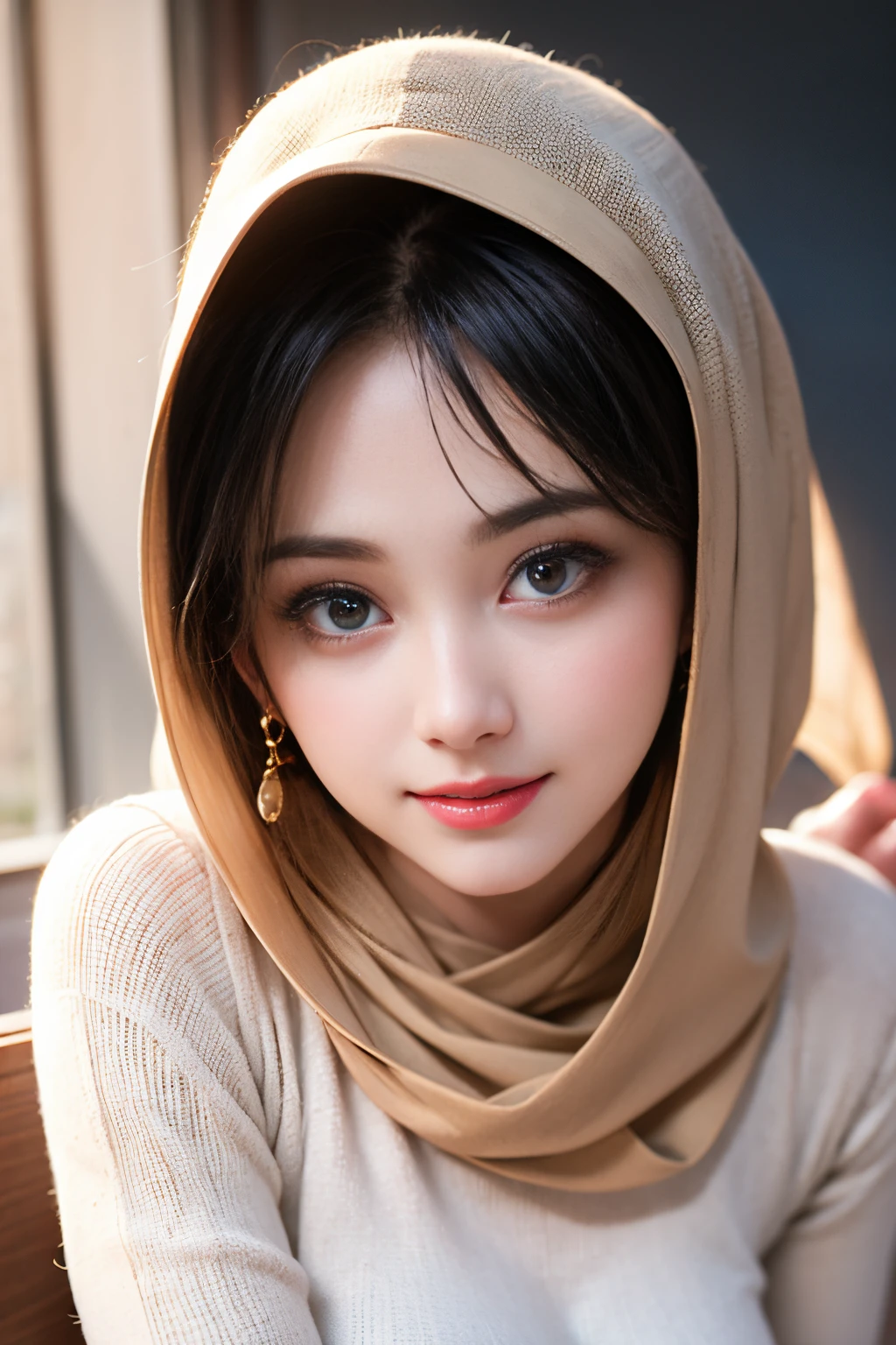 nsfw,Highest Quality, Highest image quality, RAW Photos, Realistic, Photorealsitic, ultra detailed and beautiful, highest details, 1young girls, good-looking, Beautiful fair skin and luster, Beautiful eyes are big and bright, Small mouth and thin lips, hijabi, Goodness of style and slenderneseautiful big breasts:1.3), She has a cheerful personality and a cute smile......, Natural makeup, Pearl Pin Cripantasy see-through costume with cute details and wide breasts:1.5), Cute little girl s, beautiful girl illuminated by seven colors of light, Irridescent color,