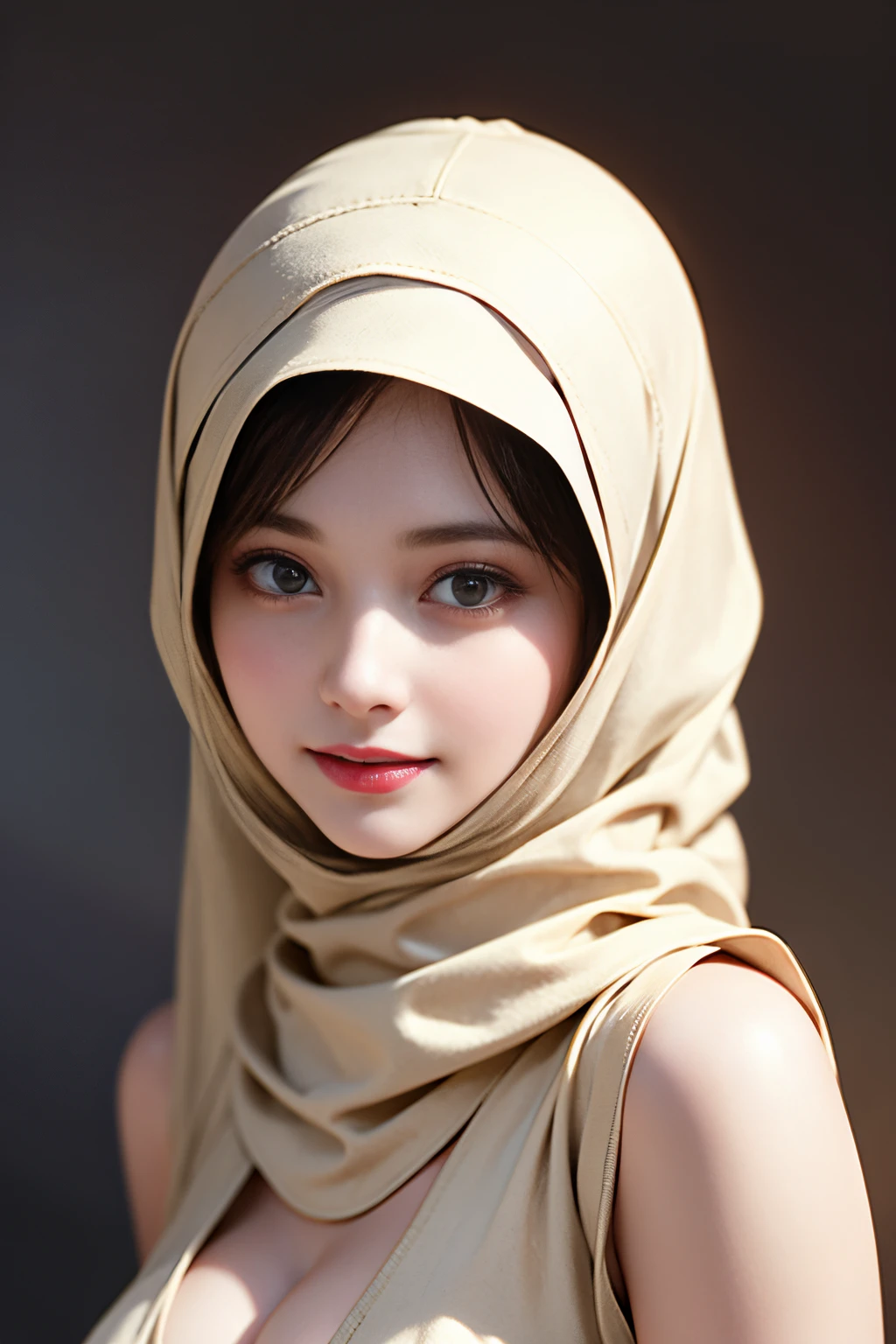 nsfw,Highest Quality, Highest image quality, RAW Photos, Realistic, Photorealsitic, ultra detailed and beautiful, highest details, 1young girls, good-looking, Beautiful fair skin and luster, Beautiful eyes are big and bright, Small mouth and thin lips, hijabi, Goodness of style and slenderneseautiful big breasts:1.3), She has a cheerful personality and a cute smile......, Natural makeup, Pearl Pin Cripantasy see-through costume with cute details and wide breasts:1.5), s, beautiful girl illuminated by seven colors of light, Irridescent color,