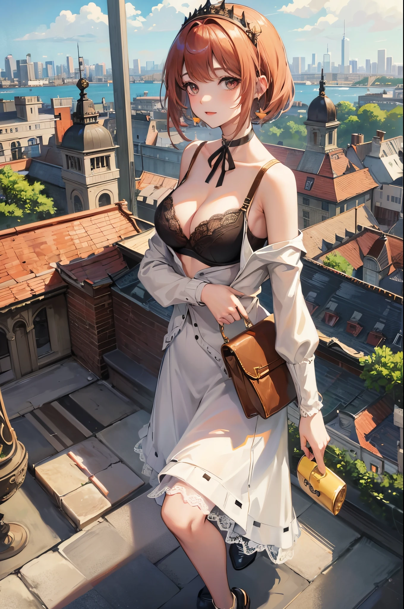 short length bangs, tmasterpiece, Best quality at best, A high resolution, 1个Giant Breast Girl, ,Lopfe art style,view the viewer,(ssmile:0.6),,Lace bra,Cardigan,Fenced building roof,ventania,