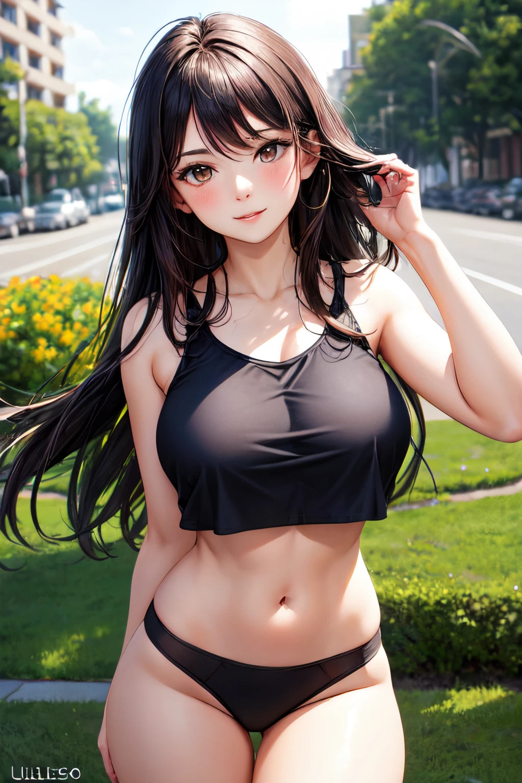 Thin 18-year-old woman ,large bust, long black hair and brown eyes , con un top rosa y una falda azul posando para una foto., Llevar un sexy top recortado, Uso de crop top, Bralette, el extremadamente caliente y sexy, Imagen de perfil, croptop, Recorte de medio cuerpo, Mirando desde un lado, 2 18-year-old female model, high quality photograph