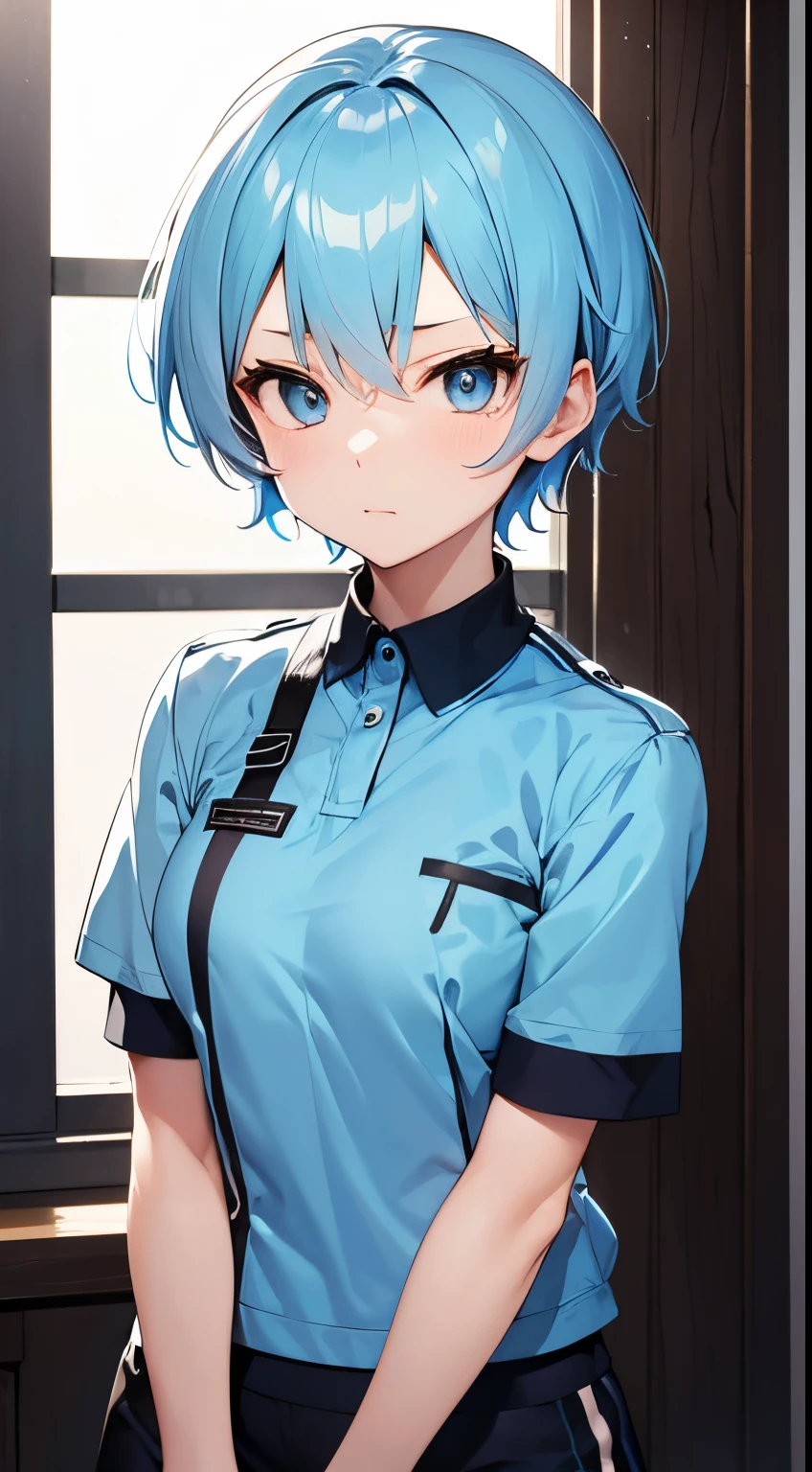 Light blue hair color Light blue eye color Short cut Ruthless eyes Martial arts uniform Tsundere Cool