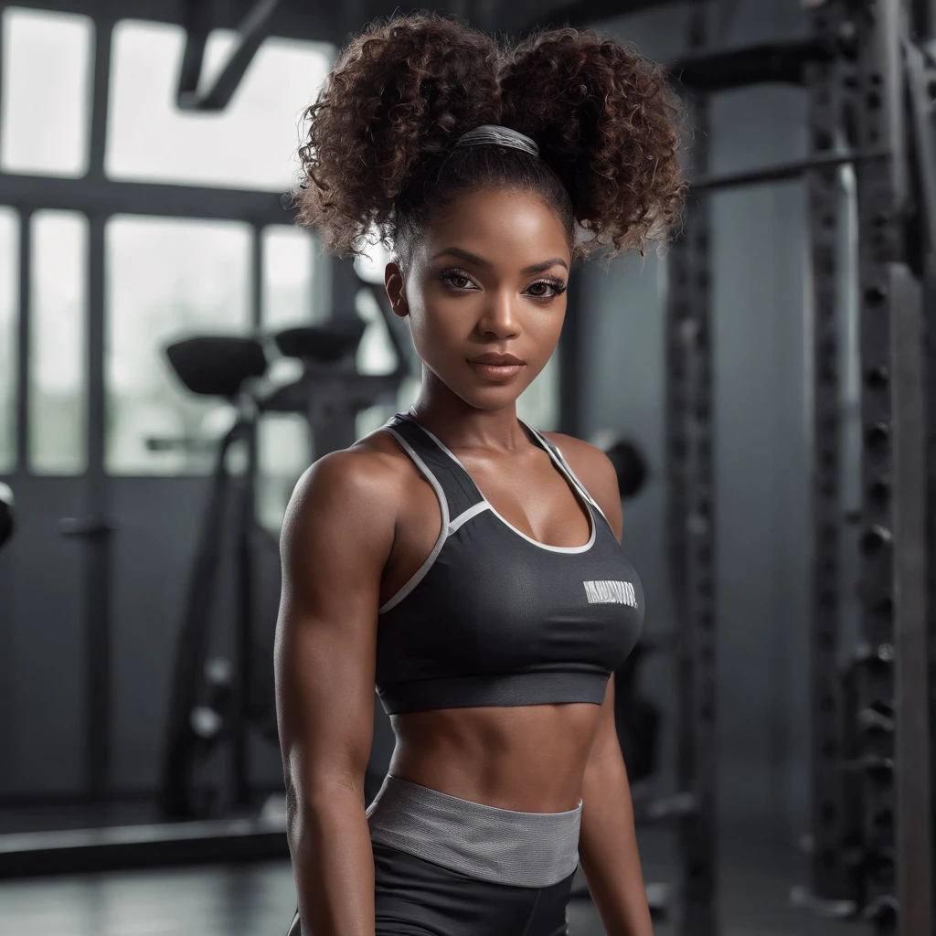 ((Dark African skin, Very deep ebony skin)), ((Its beauty  undeniable)), ((Excited cute face)), ((Hyper detailed perfect eyes,)), ((pose mignonne)), ((Langue sortie)), ((Seductive )), sexy, (( tight sport clothes)), ((Afro ponytail with long African curly hair,)), (( peau)), ((debout, vue de face)), ((toucher ses propres jambes dans une pose sexy)), ((gym, sportschool)), Sharp Focus CGI, photoreallistic, High detail, Realstic, Masterpiece, absurdes, Best quality, Hdr, High quality, high-definition, Extremely detailed, 8k wallpaper, Intricate details, 8K UHD, Full-HD, (photo realist:1.2), contraste, intense illumination, lighting cinematic, natural lighting, veilleuse, Nuit, Illumination globale, Ambient occlusion at the gym, a la piscine African women、Female sexy、a smile、Micro sport clothes in the gym、sodden、She's wet, black and white image