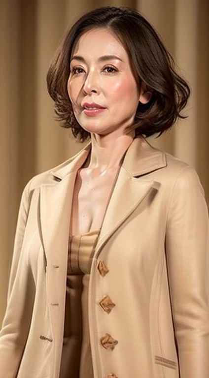 gravure, from the chest up, masutepiece, Best Quality, Ultra-detailed, Photorealistic, super detailed skin, Perfect Anatomy, (1 japanese mature woman), (Solo), 48yo, Large breasts, Mature Actress, glamor, A sexy, Chromo-white skin, Looking at Viewer,(((Beige coat))),JINS