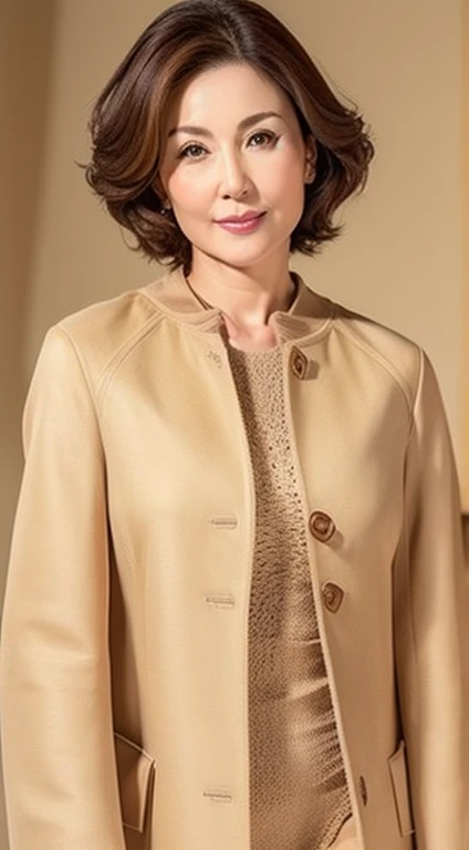 gravure, from the chest up, masutepiece, Best Quality, Ultra-detailed, Photorealistic, super detailed skin, Perfect Anatomy, (1 japanese mature woman), (Solo), 48yo, Large breasts, Mature Actress, glamor, A sexy, Chromo-white skin, Looking at Viewer,(((Beige coat))),JINS