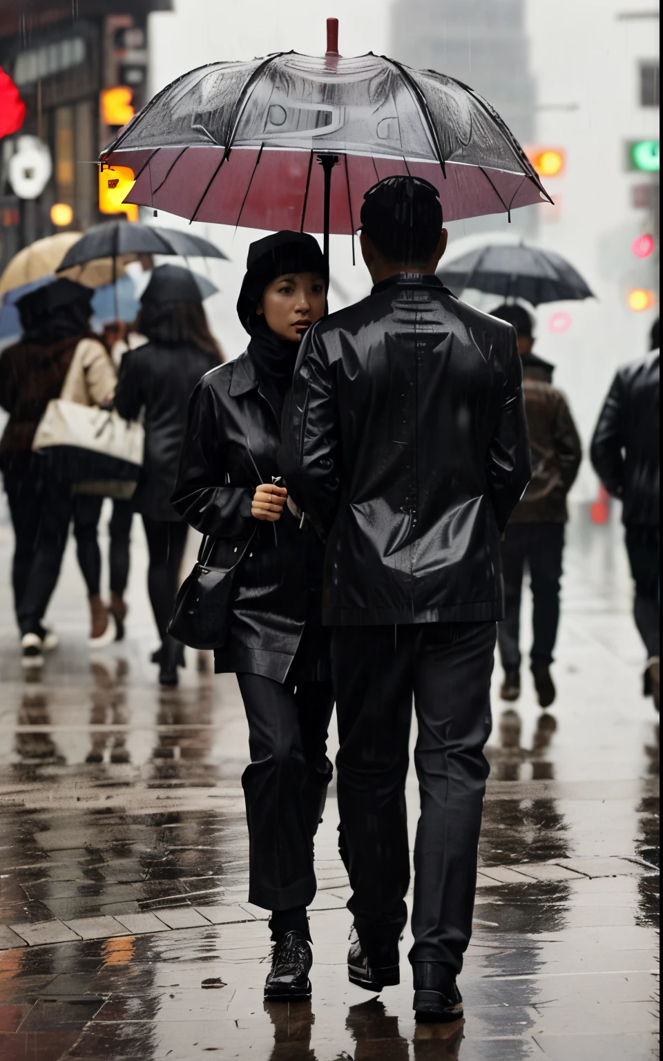 In the city，People walking in the rain holding umbrellas, person with umbrella, in rainy conditions, in the rain, standing in the rain, holding a umbrella, Holding an umbrella,