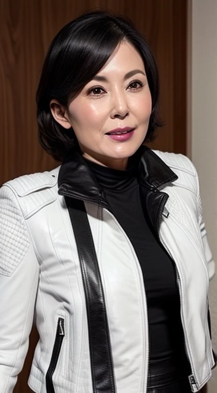 gravure, from the chest up, masutepiece, Best Quality, Ultra-detailed, Photorealistic, super detailed skin, Perfect ???????, (1 japanese mature woman), (Solo), 35 year old, Large breasts, Mature Actress, glamor, A sexy, Chromo-white skin, Looking at Viewer,(((Black leather jacket))),JINS
