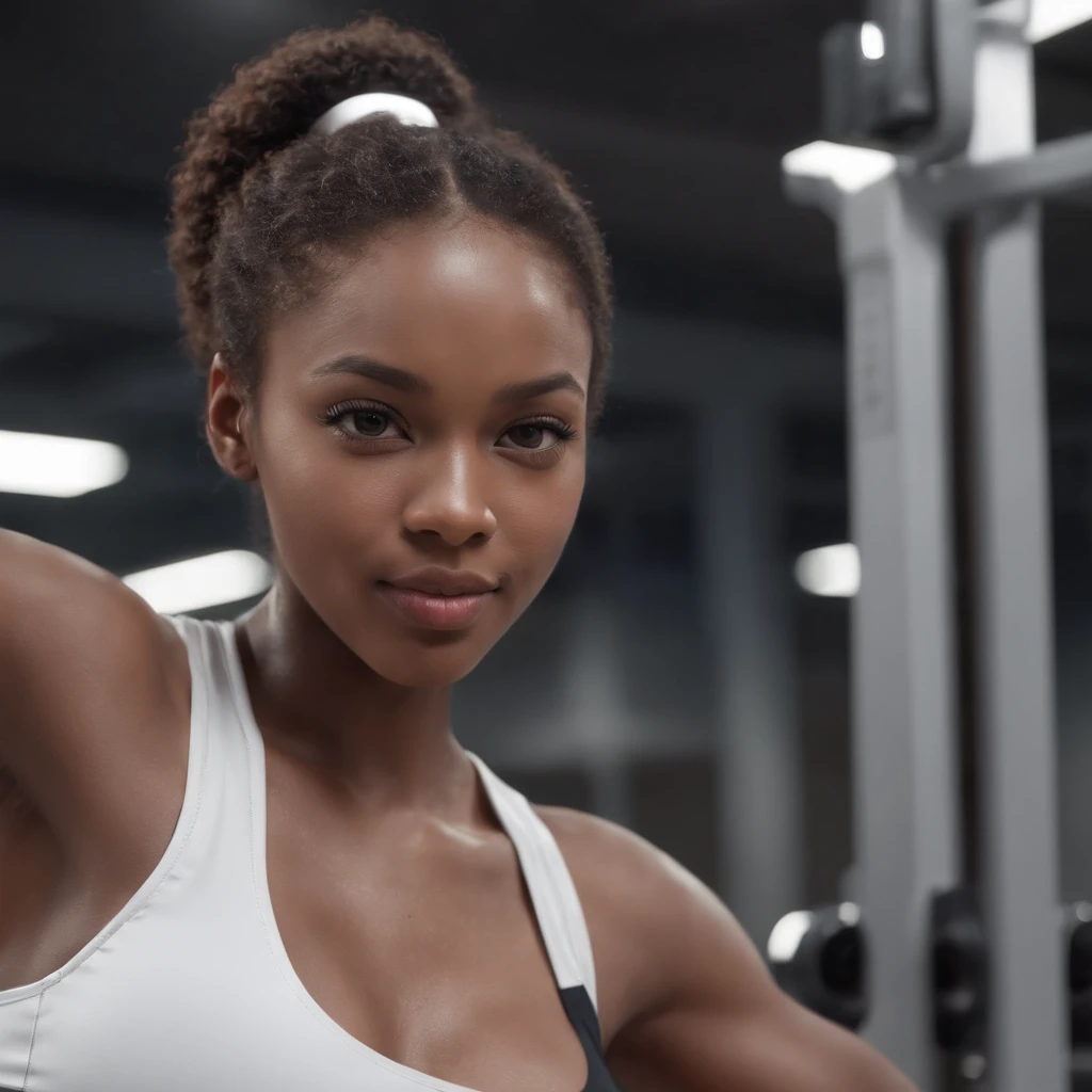 ((Dark African skin, Very deep ebony skin)), ((Its beauty  undeniable)), ((Excited cute face)), ((Hyper detailed perfect eyes,)), ((pose mignonne)), ((Langue sortie)), ((Seductive )), sexy, (( tight sport clothes)), ((Afro ponytail with long African curly hair,)), (( peau)), ((debout, vue de face)), ((toucher ses propres jambes dans une pose sexy)), ((gym, sportschool)), Sharp Focus CGI, photoreallistic, High detail, Realstic, Masterpiece, absurdes, Best quality, Hdr, High quality, high-definition, Extremely detailed, 8k wallpaper, Intricate details, 8K UHD, Full-HD, (photo realist:1.2), contraste, intense illumination, lighting cinematic, natural lighting, veilleuse, Nuit, Illumination globale, Ambient occlusion at the gym, a la piscine African women、Female sexy、a smile、Micro sport clothes in the gym、sodden、She's wet, Put your hands on your head、athlete, maikurobikini、gazing at viewer、training gym