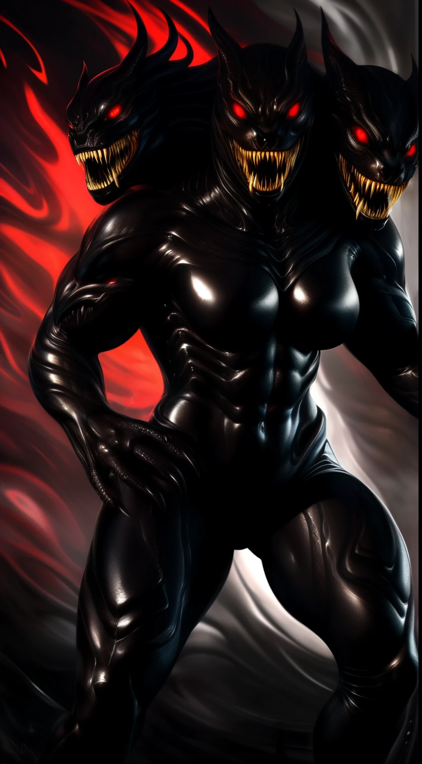 (Best Quality,Ultra-detailed,Realistic:1.37)、anthology、 Fierce Cerberus、 Solo, Woman's, Atrocious、cruel、offensive、Evil face、Sharp fangs、Detailed red eyes, Standing,three heads、alien symbiote, Horror movie lighting、(Full body:1.8)