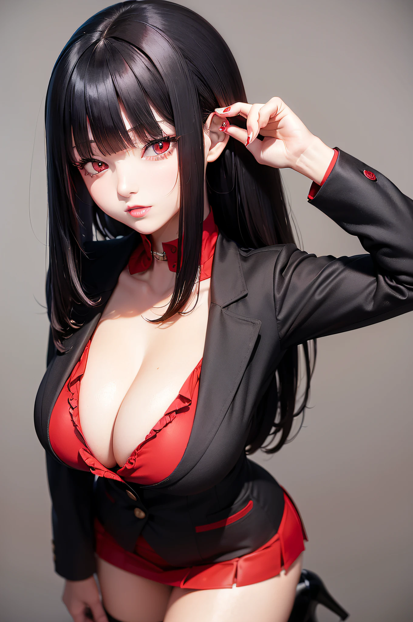((Best Quality)), ((masutepiece)), (Detailed), Perfect face A detailed face cleavage of the breast red eyes long, thick black hair Blunt bangs Solid background color She wearing a black and red blazer and miniskirt.。