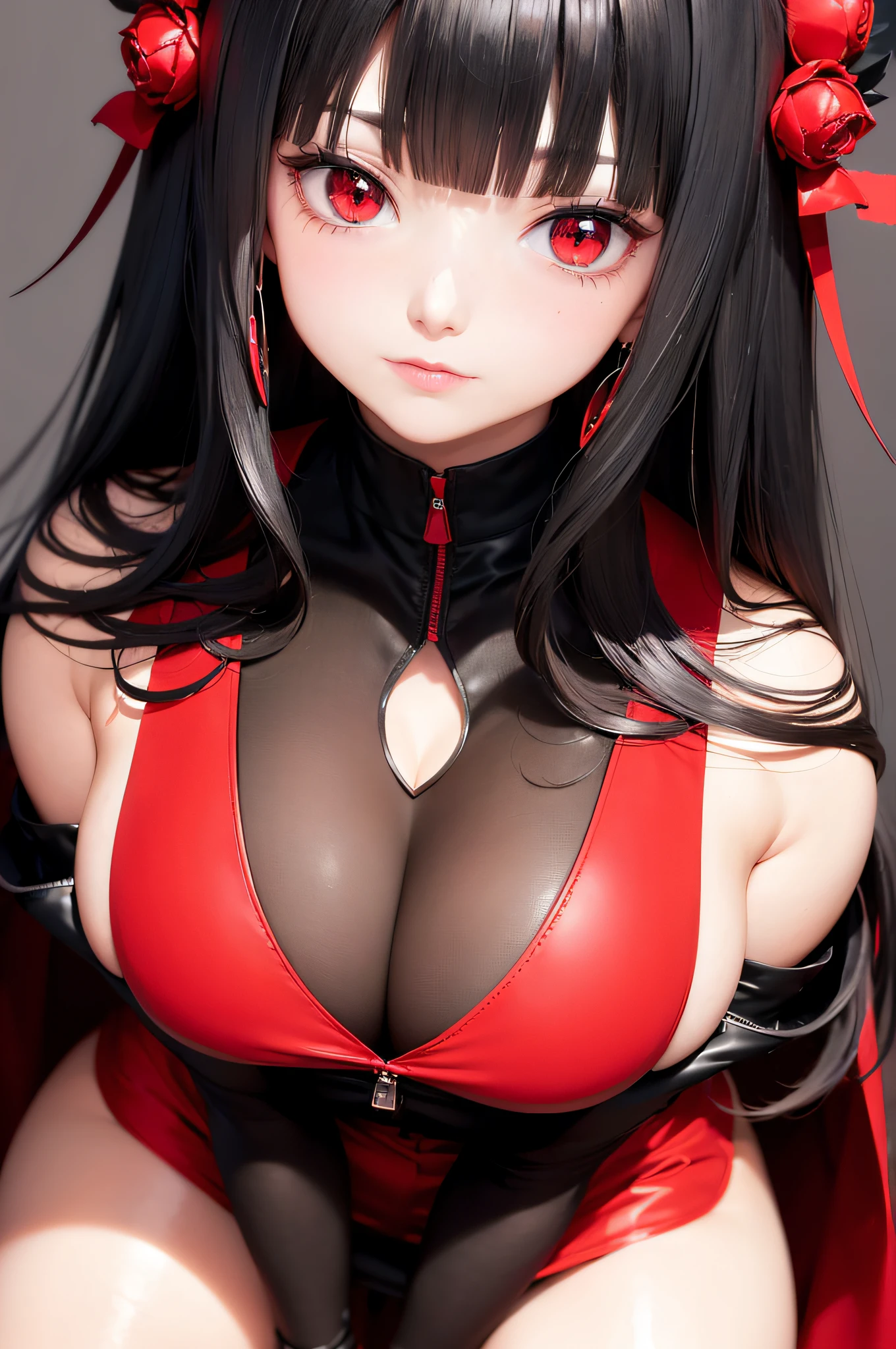 ((Best Quality)), ((masutepiece)), (Detailed), Perfect face A detailed face cleavage of the breast red eyes long, thick black hair Blunt bangs Solid background color She wearing a black and red blazer and miniskirt.。