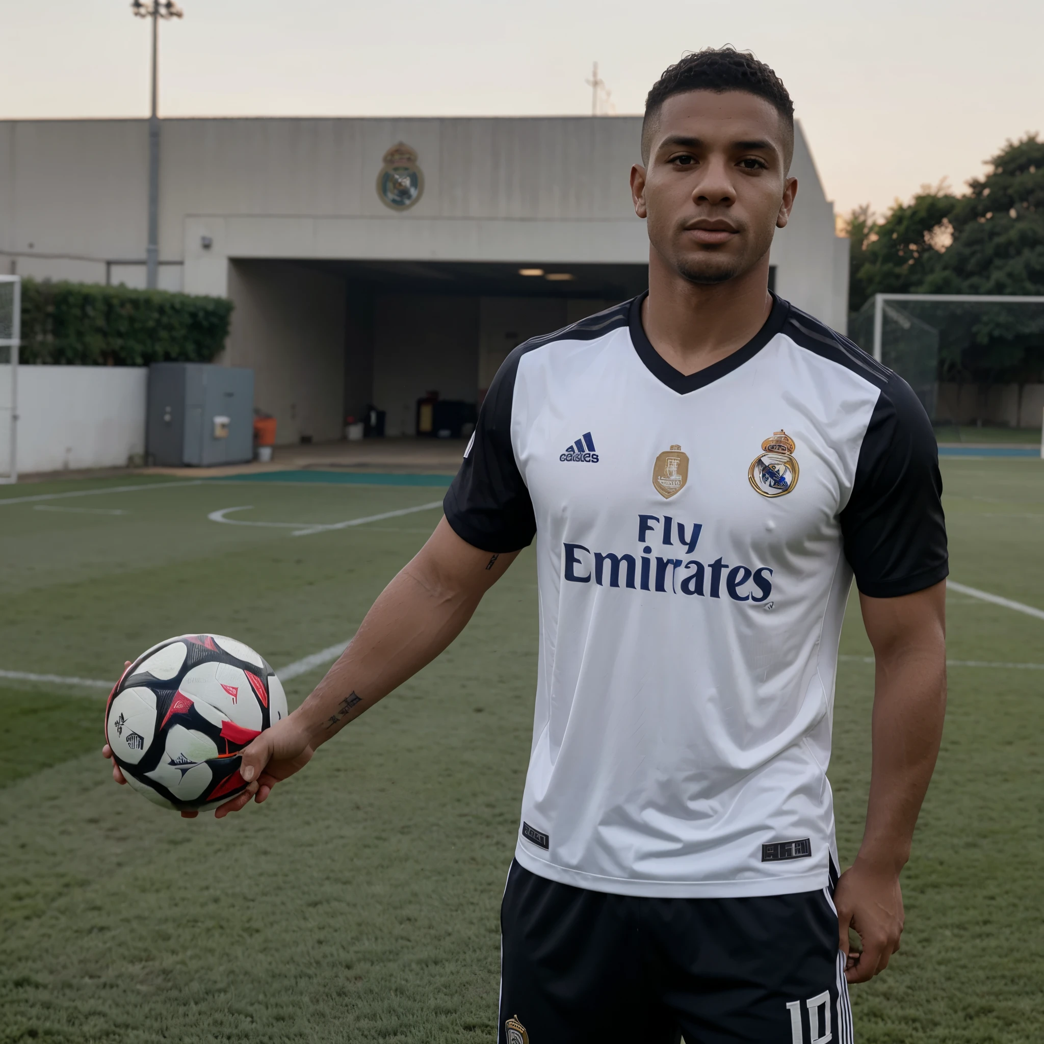 Um rapaz com corte americano com camisa de futebol do real madrid com fato de treino preto com