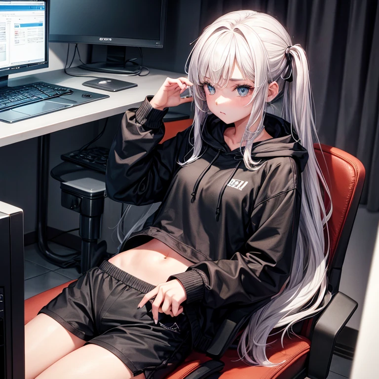 A  girl with a black hoodie and black shorts using her computer