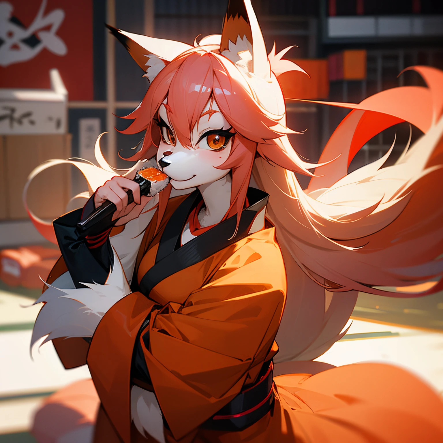 Furry foxy lady with kemono eating sushi in Tokyo