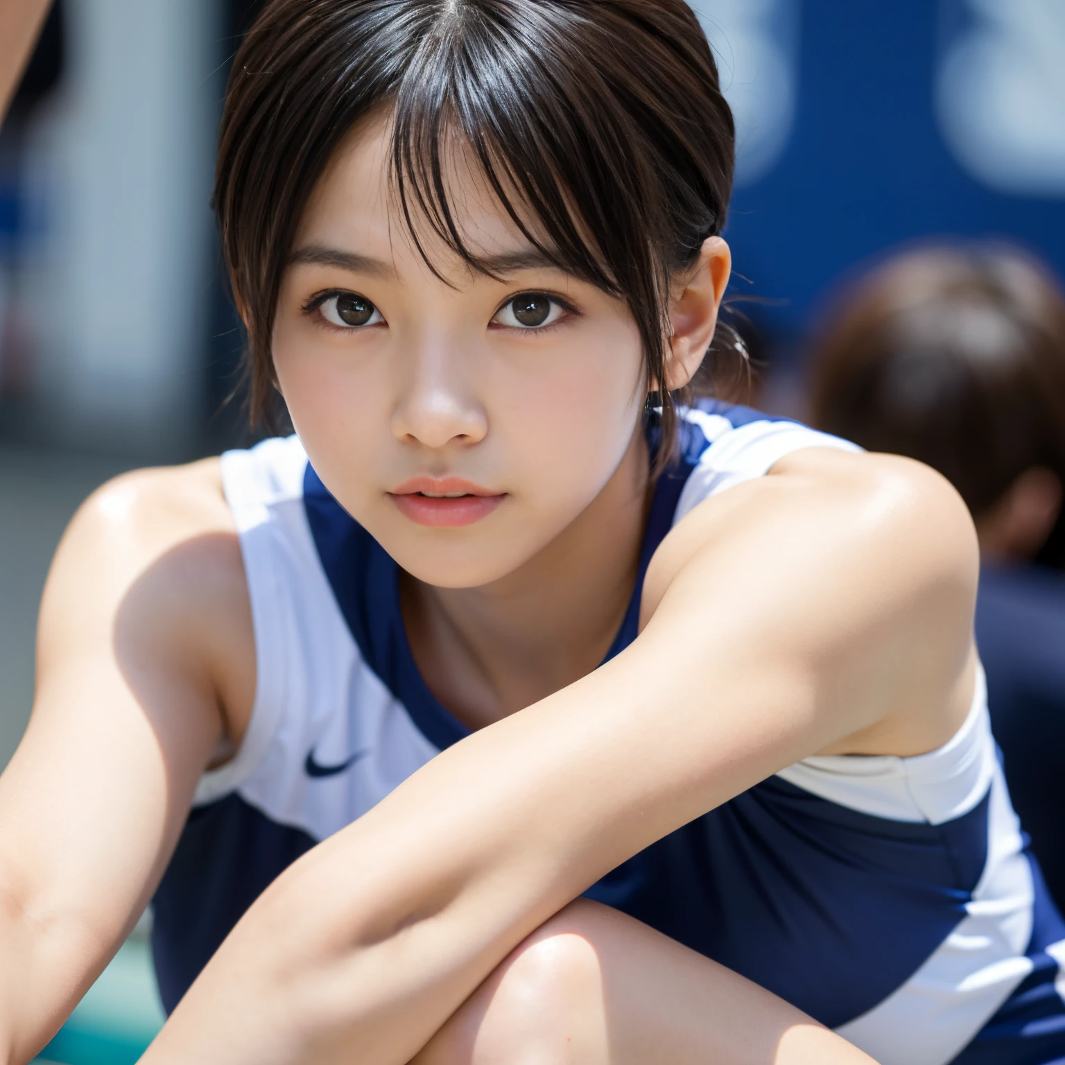 Best-quality, Masterpiece, Ultra-High-Resolution, (Photorealistic:1.4), Raw-Photo, Extremely-Details, Perfect-Anatomy, 1girl, 12-years-old, most popular Japanese idol, portrait, wearing stylish designed sleeveless volleyball uniform, extremely cute face like a most famous Japanese idol, extremely beautiful big black solid circle eyes, extremely beautiful short-cut-haired, detailed stylish designed sleeveless volleyball uniform, detailed cute face like a most famous Japanese idol, detailed beautiful big black solid circle eyes, detailed beautiful short-cut-haired