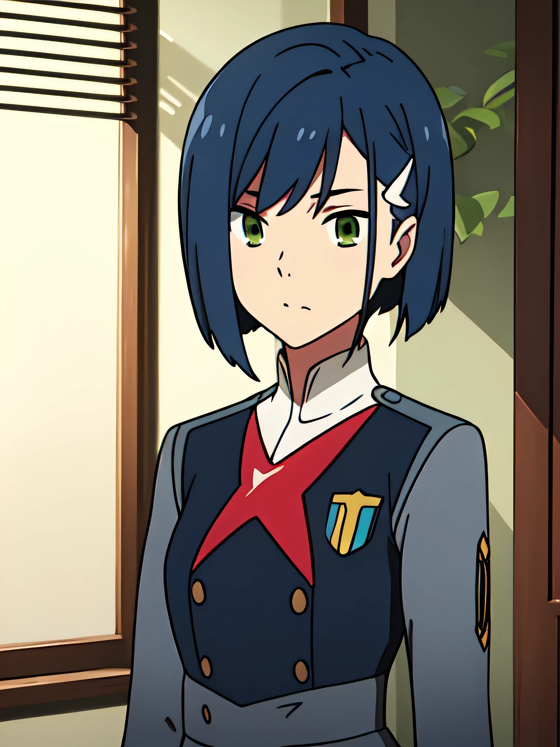 Ichigo, green eyes, blue hair, short hair, hair ornament, hairclip, bangs, military uniform, grey dress,