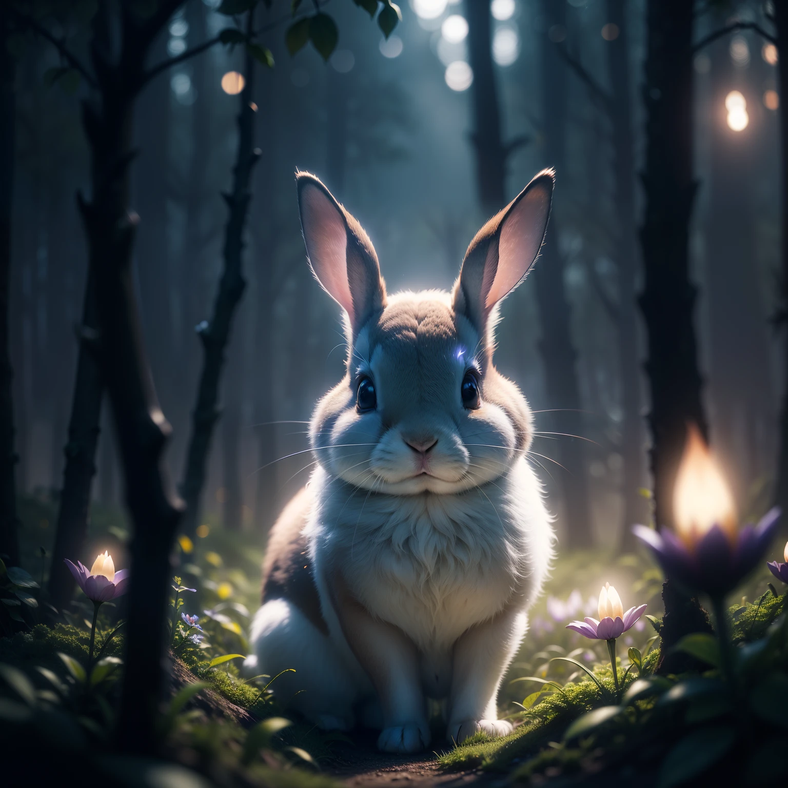 Close up photo of a rabbit in enchanted forest, clean background, depth of field, large aperture, photography, night, fireflies, volumetric fog, halo, bloom, dramatic atmosphere, center, rule of thirds, 200mm 1.4f macro shot