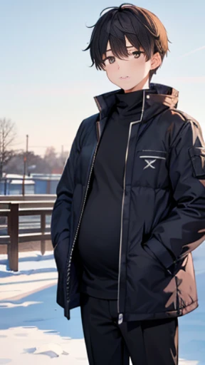 structurally correct、detaileds、(layered clothes:1.4)、creation、dust particles、smooth anime cg art、(Winter clothes,winter cold wind)、(surprised and confused face)、tears、(Very tall and cool male college students)、Very tall, cool college boys get pregnant with their own sperm。 A boy who happened to visit an all-male winter countryside where men were impregnated.、We learn that all men are pregnant.。 And the boy's conception began slowly on the spot without any warning.。 「What、What、Why、Me too、Clothes are too tight...」「Welcome to the town of male conception、You are also a townsman」「Haaaaaa!?」、Half undressed」。 Bulging crotch。