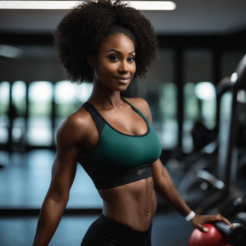 ((Dark African skin, Very deep ebony skin)), ((Its beauty undeniable)), ((Excited cute face)), ((Hyper detailed perfect eyes,)), ((pose mignonne)), ((Langue sortie)), ((Seductive )), sexy, (( tight sport clothes)), ((Afro ponytail with long African curly hair,)), (( peau)), ((debout, vue de face)), ((toucher ses propres jambes dans une pose sexy)), ((gym, sportschool)), Sharp Focus CGI, photoreallistic, High detail, Realstic, Masterpiece, absurdes, Best quality, Hdr, High quality, high-definition, Extremely detailed, 8k wallpaper, Intricate details, 8K UHD, Full-HD, (photo realist:1.2), contraste, intense illumination, lighting cinematic, natural lighting, veilleuse, Nuit, Illumination globale, Ambient occlusion at the gym, a la piscine African women、Female sexy、a smile、Micro sport clothes in the gym、sodden、She's wet, Put your hands on your head、athlete, maikurobikini、gazing at viewer、training gym