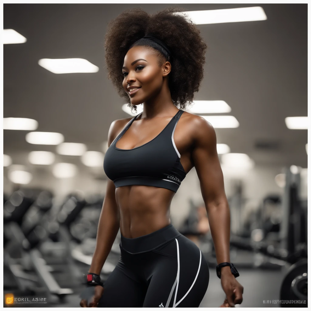 ((Dark African skin, Very deep ebony skin)), ((Its beauty  undeniable)), ((Excited cute face)), ((Hyper detailed perfect eyes,)), ((pose mignonne)), ((Langue sortie)), ((Seductive )), sexy, (( tight sport clothes)), ((Afro ponytail with long African curly hair,)), (( peau)), ((debout, vue de face)), ((toucher ses propres jambes dans une pose sexy)), ((gym, sportschool)), Sharp Focus CGI, photoreallistic, High detail, Realstic, Masterpiece, absurdes, Best quality, Hdr, High quality, high-definition, Extremely detailed, 8k wallpaper, Intricate details, 8K UHD, Full-HD, (photo realist:1.2), contraste, intense illumination, lighting cinematic, natural lighting, veilleuse, Nuit, Illumination globale, Ambient occlusion at the gym, a la piscine African women、Female sexy、a smile、Micro sport clothes in the gym、sodden、She's wet, Put your hands on your head、athlete, maikurobikini、gazing at viewer、training gym