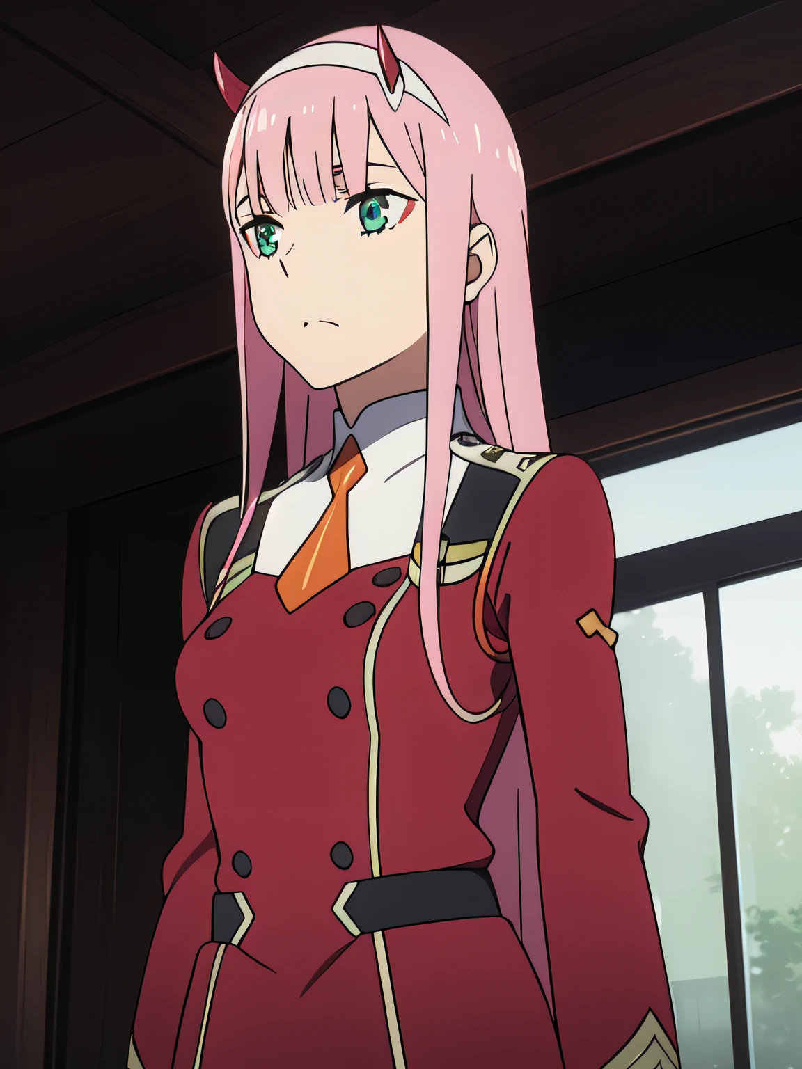 Zero_Two, green eyes, pink hair, horns, straight hair, medium breasts, shiny hair, makeup, eyeshadow, very long hair, blunt bangs, white hairband, military uniform, short necktie, double-breasted, buttons, long sleeves, red jacket, orange necktie,