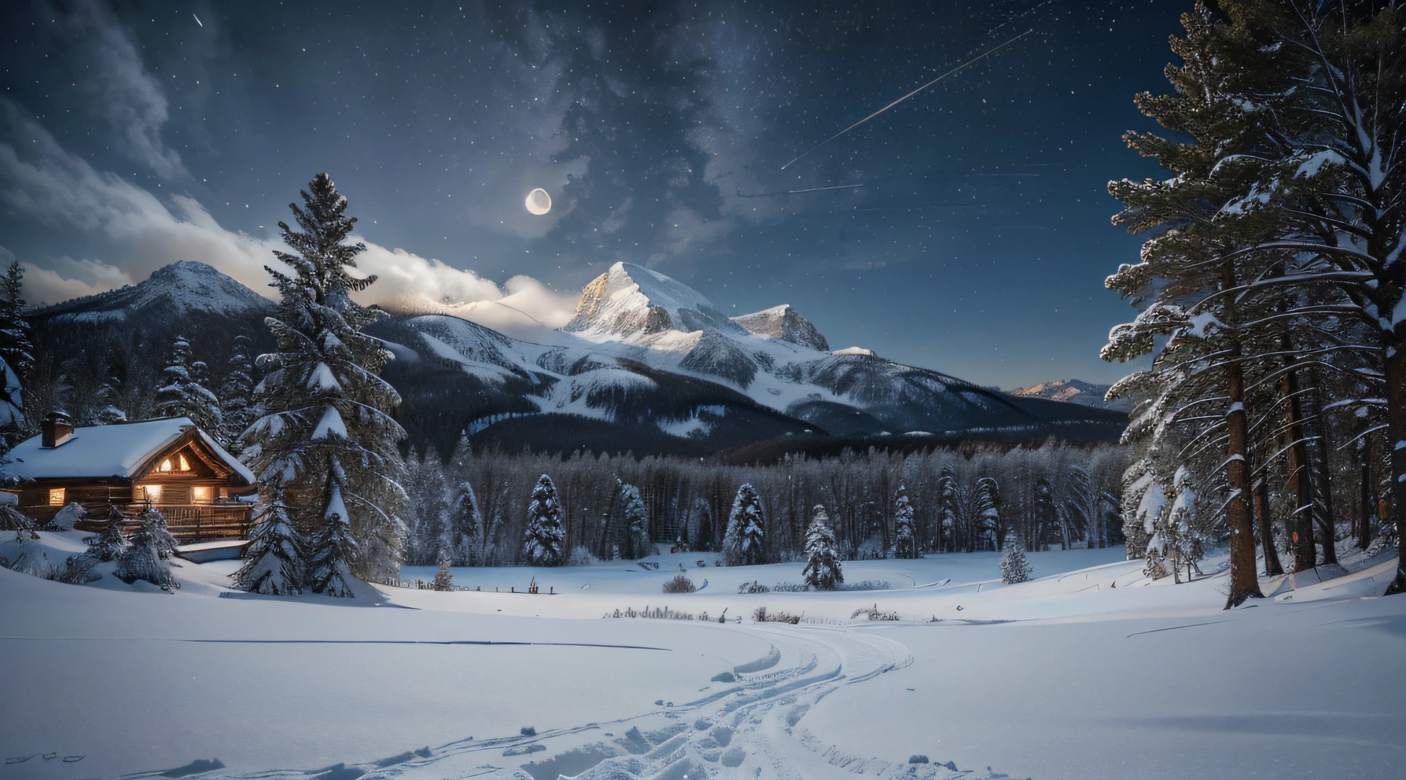 (masterpiece),(best quality:1.0), (ultra highres:1.0), detailed illustration, 4k, realistic landscape, mountains, snow covered foliage everywhere, tall trees, log cabin, smoke from the chimney, blizzard, masterful and detailed snow, night, moon light.