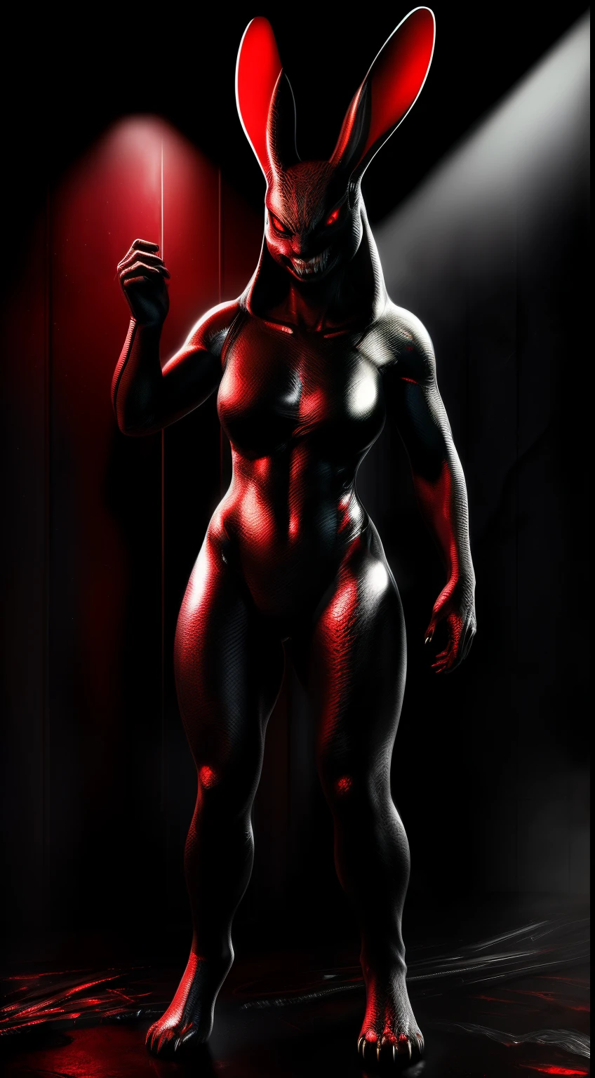 (Best Quality,Ultra-detailed,Realistic:1.37)、anthology、 furious rabbit, Solo, Woman's, Atrocious、cruel、offensive、Evil face、Sharp front teeth、Detailed red eyes, Standing, Long rabbit ears、alien symbiote, Horror movie lighting、(Full body:1.8)