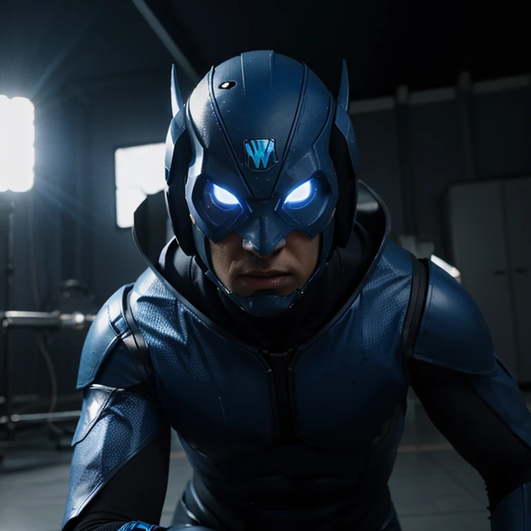 Blue Beetle DC Studios, 3D Render movie, photo real cinematic lighting