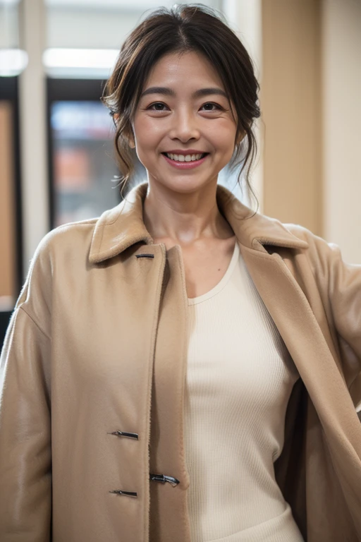 ((unparalleled masterpiece ever、top-quality、defective cells、45-year-old woman、(((Wrinkled face)))、Wrinkled body、grin、japanese mature、、((Scruffy body))、(((Beige coat))),JINS