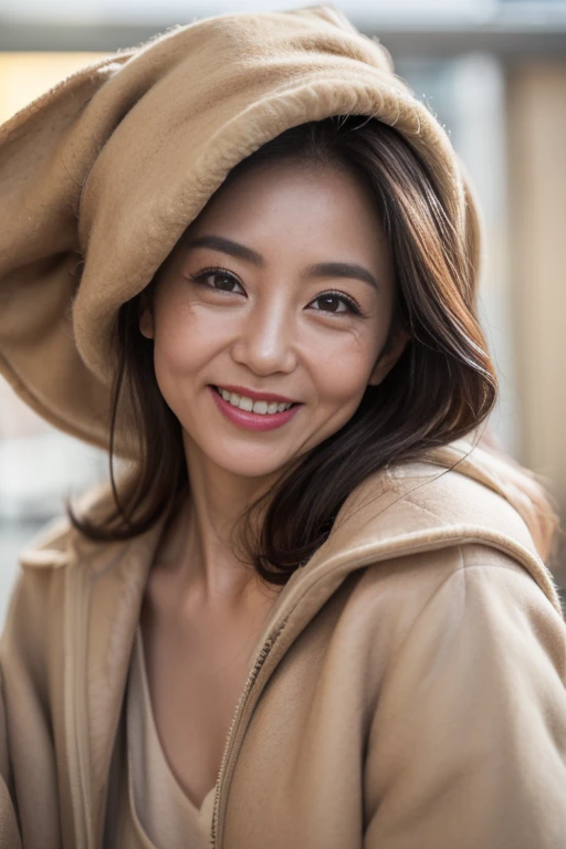 ((unparalleled masterpiece ever、top-quality、defective cells、45-year-old woman、(((Wrinkled face)))、Wrinkled body、grin、japanese mature、、((Scruffy body))、(((Beige coat))),JINS
