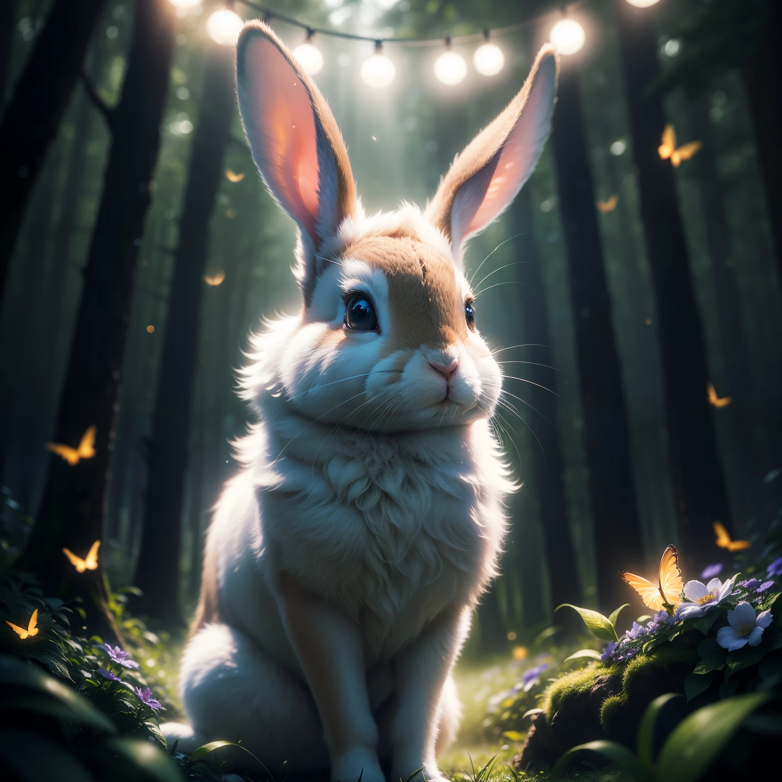 Close up photo of a rabbit in enchanted forest, clean background, depth of field, large aperture, photography, night, fireflies, volumetric fog, halo, bloom, dramatic atmosphere, center, rule of thirds, 200mm 1.4f macro shot