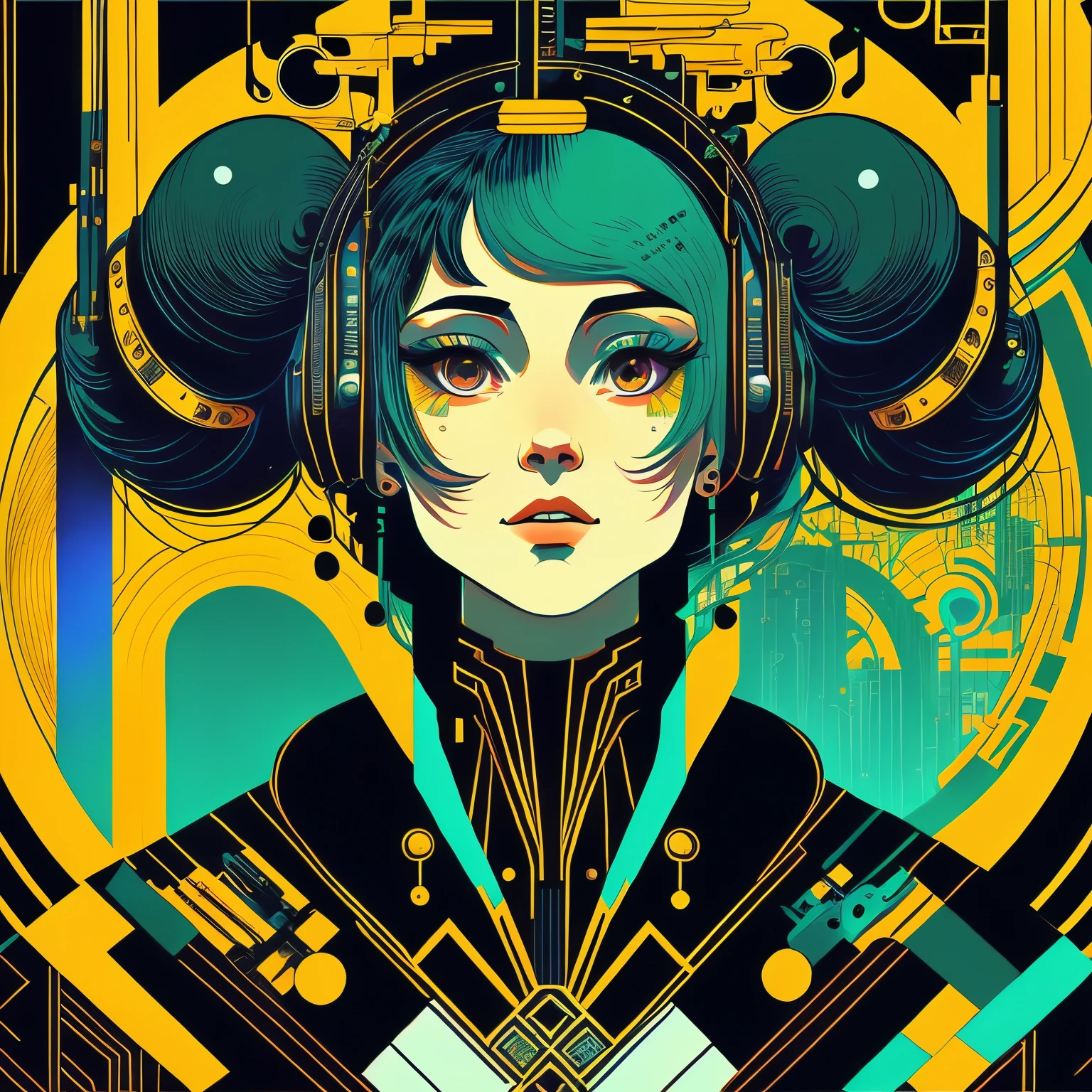 (masutepiece, 4K, ultra-detailliert, Raw photo: 1.2), Illustration, (1womanl:1), (single background: 1.4), (symmetry: 1.2), (Art deco:1.4), (retro-futuristic:1.4), (minimalism:1.4), (clean:1.4), (Flat_Color:1.4), (Cyberpunk:1.4), CCDDA Art Still、Music、