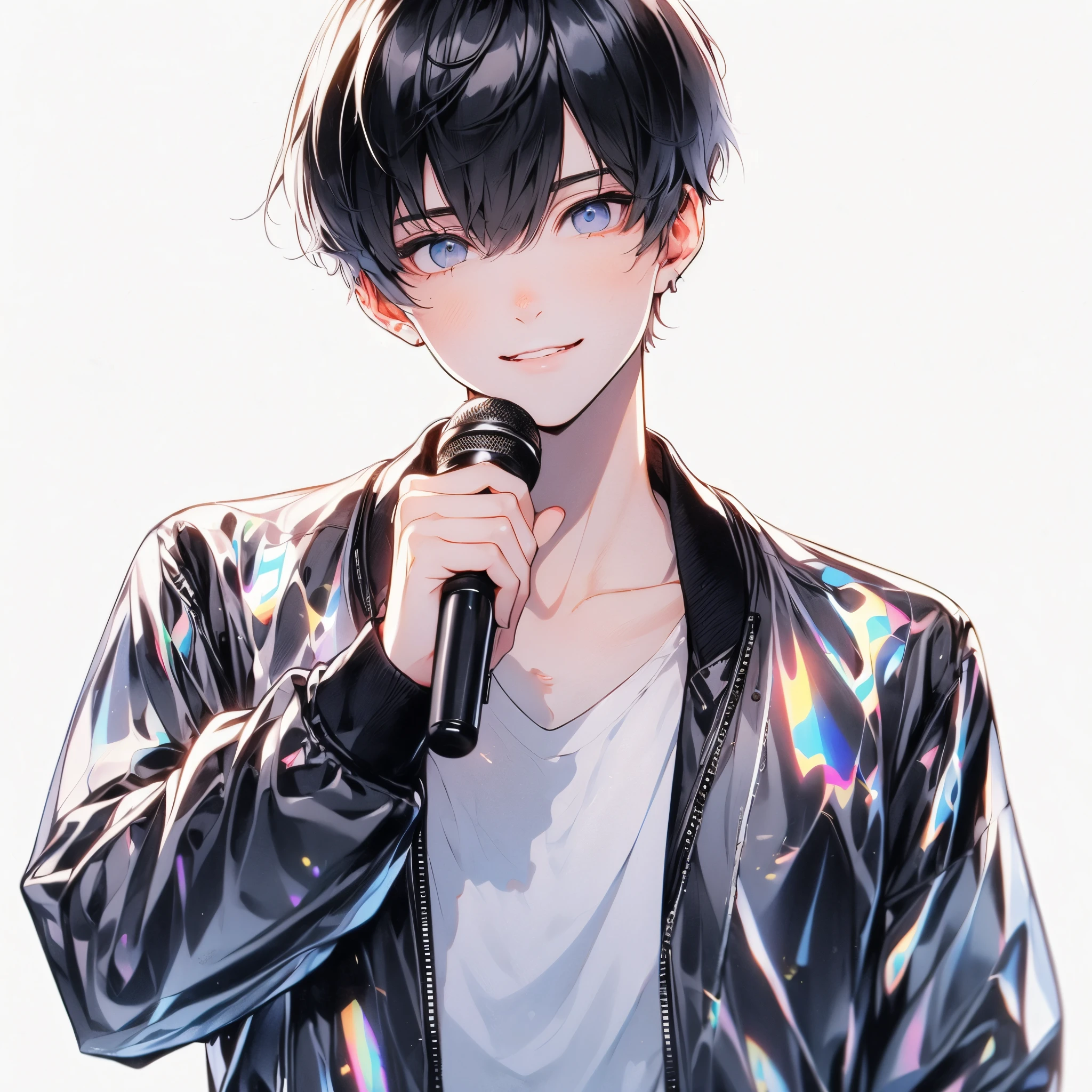 ((Brown eyes、tortoiseshell eyes))、A smile、High quality, amount of drawing, pixiv illustration, PVC Jacket, aurora jacket, Beautiful young man, Black hair, Short hair, aurora fabric, hologram article,aurora seat jacket, White undershirt, light gray jeans, Decisive Pose, White background