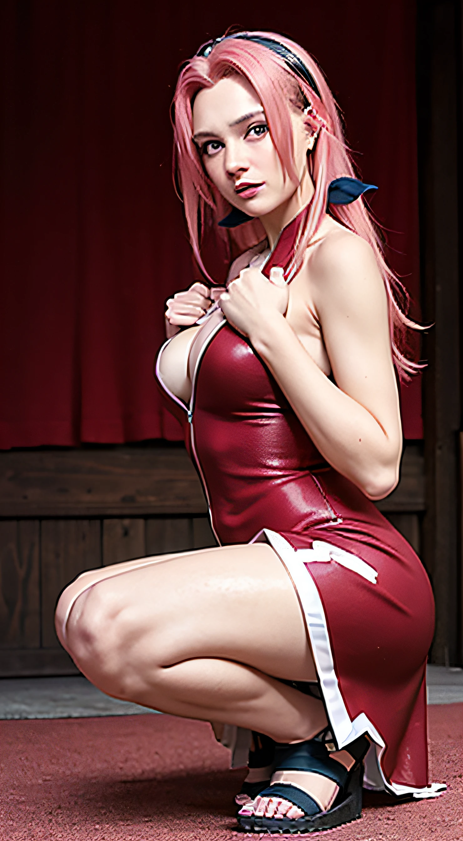 Beautiful 22 year old girl, cuerpo perfecto, (senos perfectos), (Cabello largo y rosado), identical to (Haruno Sakura), ojos verdes brillantes, (Manos perfectas), (RED Chinese dress with white lines.), (escote profundo), (falda levantada) (tanga expuesta frotada debajo del vestido), (En cuclillas) (Foto completa), fondo de bosque de cerezo rosa, foto realista HD de alta calidad, Shy pose, happy in front of the camera.