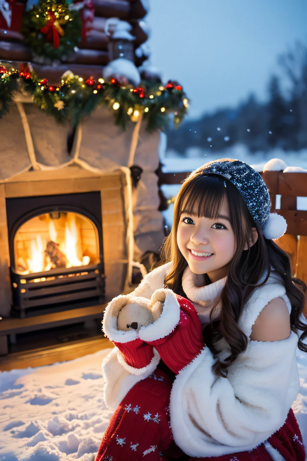 (Best Quality,4K,hight resolution,masutepiece:1.2),Realistic,Christmas,girl (12 years old),Hugging a big teddy bear,stuffed animal,Wear warm clothes,Snow falling in the background,Winter wonderland,Joyful expression,Magical atmosphere,Soft lighting,Vivid colors,Happiness,laught,Welcoming environment,Warmth,Smiling eyes,Curly hair,Shimmering decoration,Twinkling lights,toy train set,wrapped present,Rooftop with Santa Claus and reindeer flying in the distance,magic snowflake,christmas tree with ornaments,log cabin,curl up near the fireplace,hot chocolate with marshmallows,Peace and quiet,Excitement and anticipation,Snowy landscape,childhood innocence,Enchanted moments,Playful laughter,Upholstered stockings,Holiday spirit,love and togetherness.thighs thighs thighs thighs、off shoulders