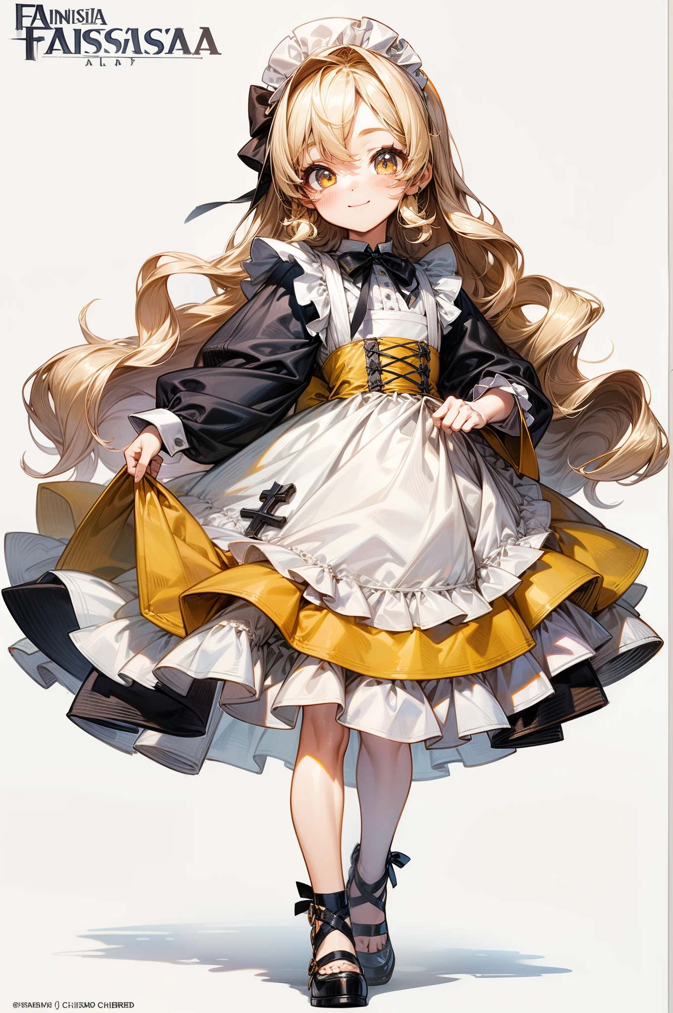 anime full body illustration、anime character design、Official Character Art、fullllbody、Best Character Design、full body Esbian、Character design and costumes、Standing picture、((Fantasia))、((white backgrounid))、((Plain background))、face forwards、,hair between eye,,Light yellow cross aid fantasy costume、girl with。Longhaire、platinum-blonde、Yellow eyes、knee sox、A smile。navy blue and light yellow clothes、((tiny girl))、Chiquita、((Lolita girl))、Wavy Hair、Apron Dresses,cutest maid dress word dress、Large ribbon