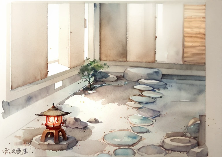 shuimobysim,vwuchangshuo, bonian, zhenbanqiao, badashanren, architecture building, indoors, interior, indoor garden, Zen style, chinese, lantern light, trees, bamboo, people, human, watercolor painting, artstyle, miaobishenghua , ArchiZHS