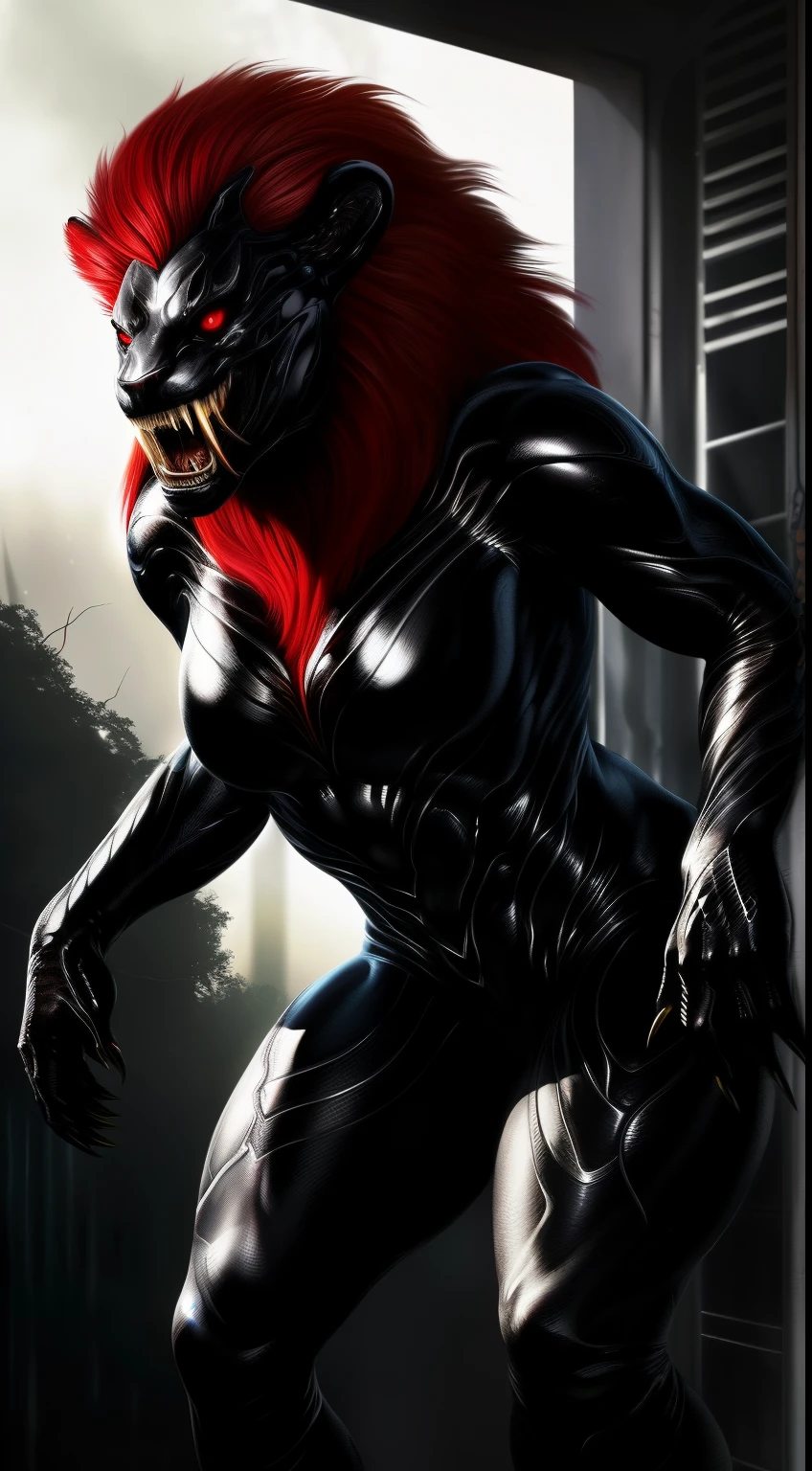 (Best Quality,Ultra-detailed,Realistic:1.37)、anthology、 ferocious lion、 Solo, Woman's, Atrocious、cruel、offensive、Evil face、Sharp fangs、Detailed red eyes, Standing,red hair standing、alien symbiote, Horror movie lighting、(Full body:1.8)