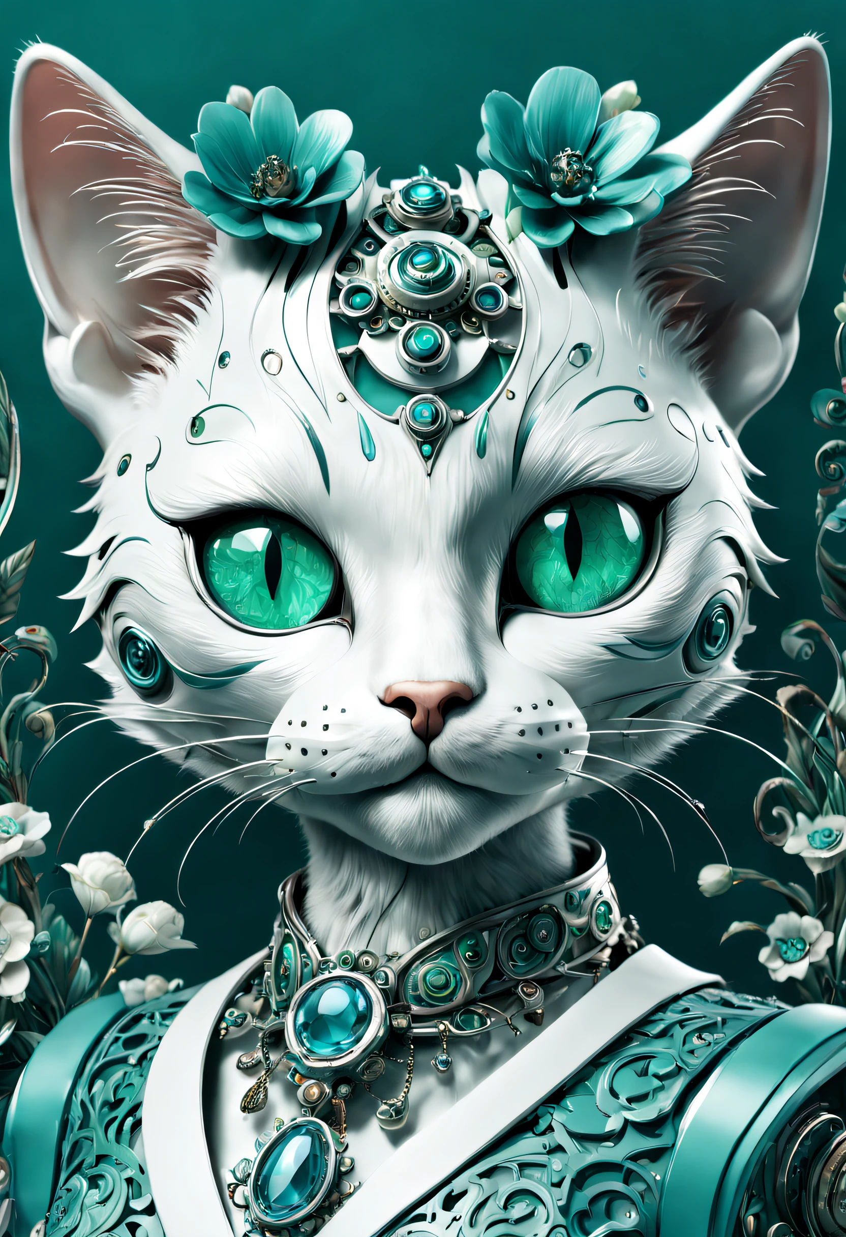 Mechanical cats,フォトリアリスティック,anthropomorphic cat,Role setting,Contemptuous expression。Ultra-detailed graphics,delicated face,8K,MagazineCover,Floral background decoration,intense color contrast,deep colour,Blue-green-white tones