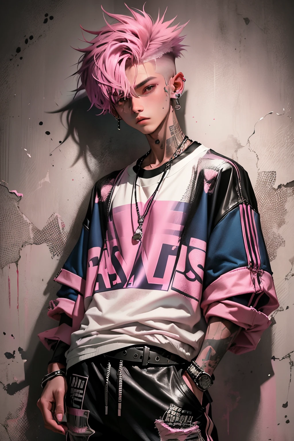 kpop young age boy with fade cut dark pink hair with white earring on his right ear, open jacket with dark blue shirts, black ripped shorts and a large belt-buckle, paint background, popstar, has messy pink emo hairstyle. He has a normal Putt Putt Troll appearance overall, pink crystal broken glass mirror background