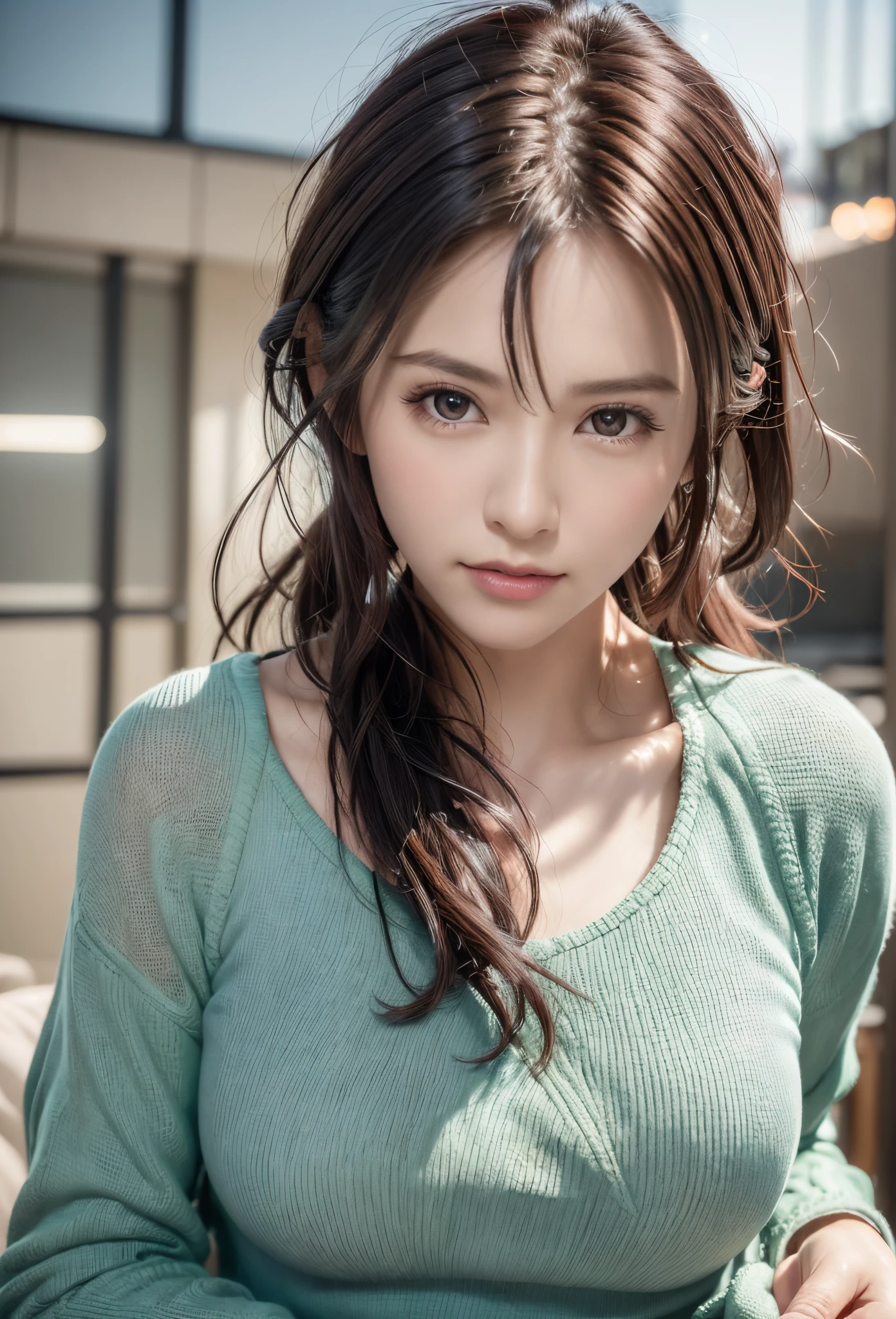 8K, of the highest quality, masutepiece:1.2), (Realistic, Photorealsitic:1.37), of the highest quality, masutepiece, Beautiful young woman, Pensive expression,、A charming、and an inviting look, Oversized knitwear、Hair tied back, Cinematic background, Light skin tone、Ko Shibasaki